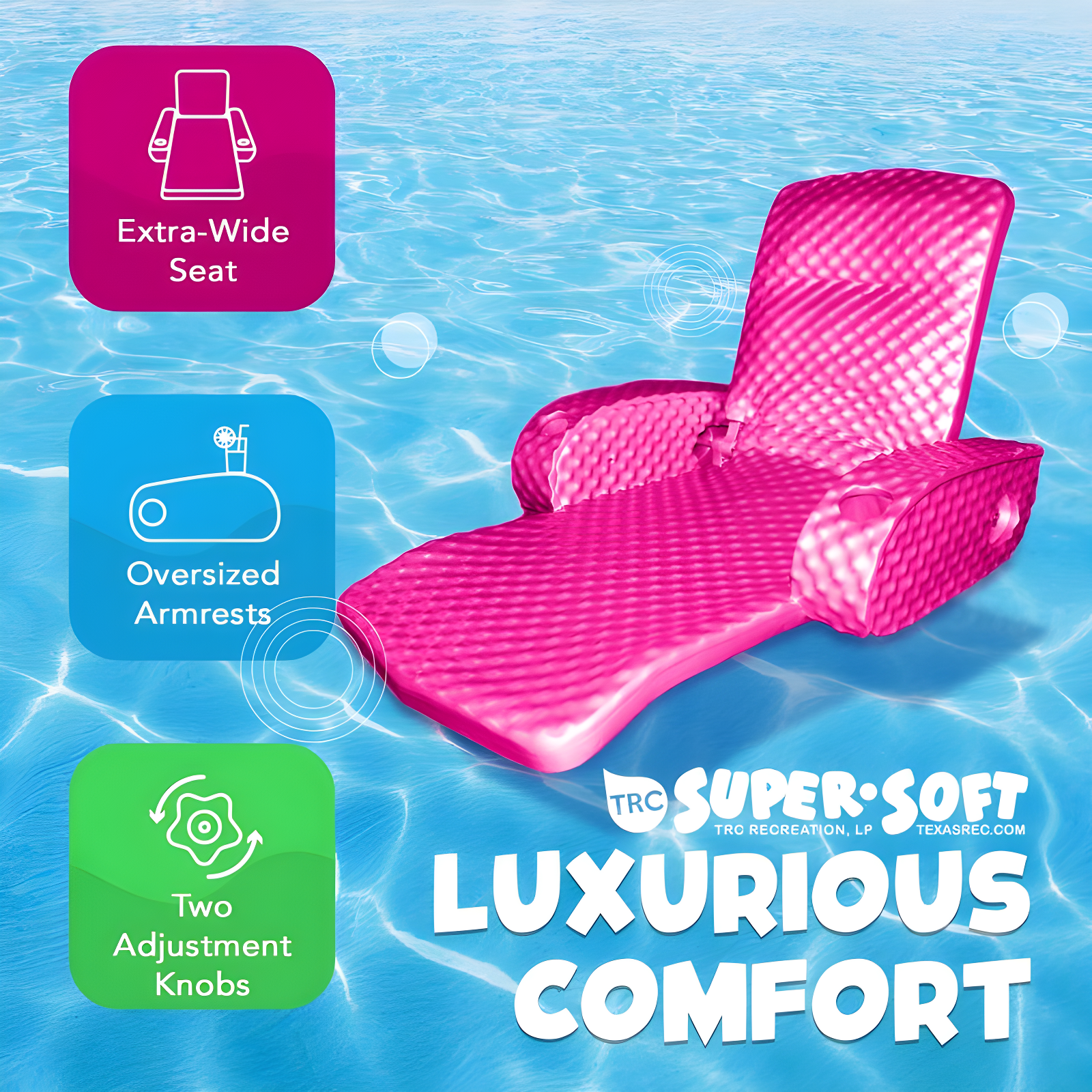 TRC Recreation Super Soft Adjustable Pool Recliner Float Portable Comfortable Chair Lounger with Cup Holders for Swimming Pool Essentials, Pink