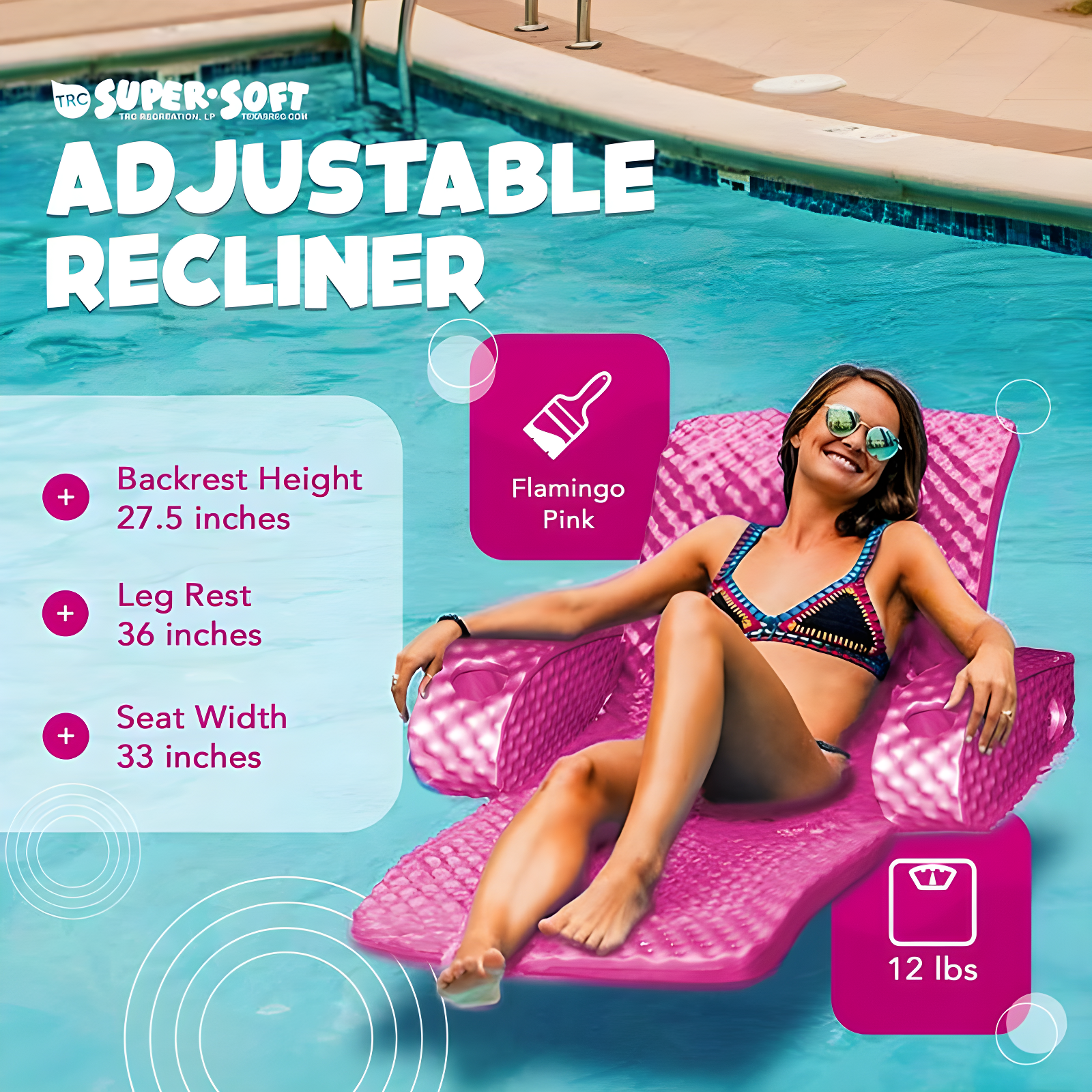 TRC Recreation Super Soft Adjustable Pool Recliner Float Portable Comfortable Chair Lounger with Cup Holders for Swimming Pool Essentials, Pink