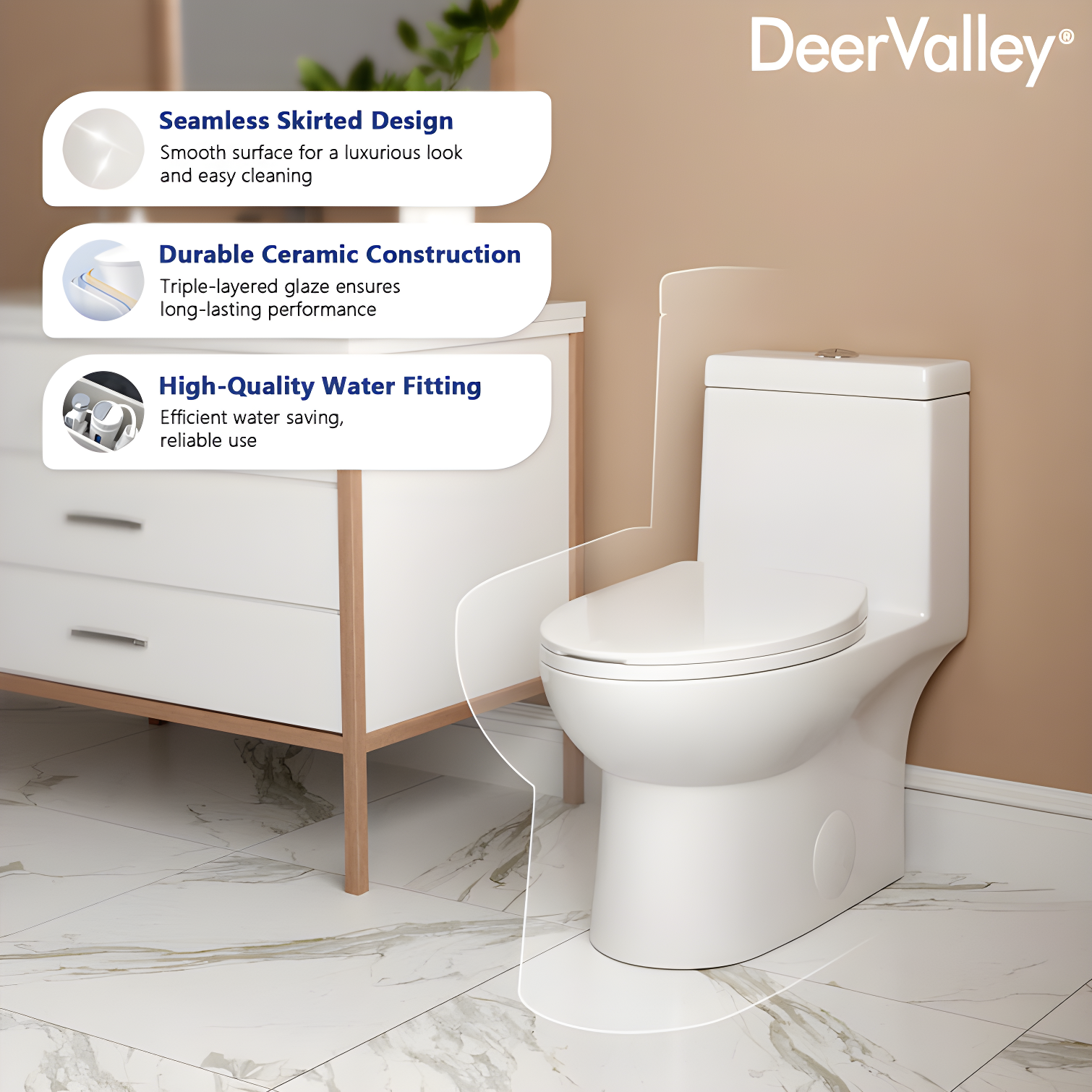 DeerValley Ally Dual-Flush Elongated One-Piece Toilet with Glazed Surface Modern Toilet with Comfort Seat Height  (Seat Included) DV-1F52816