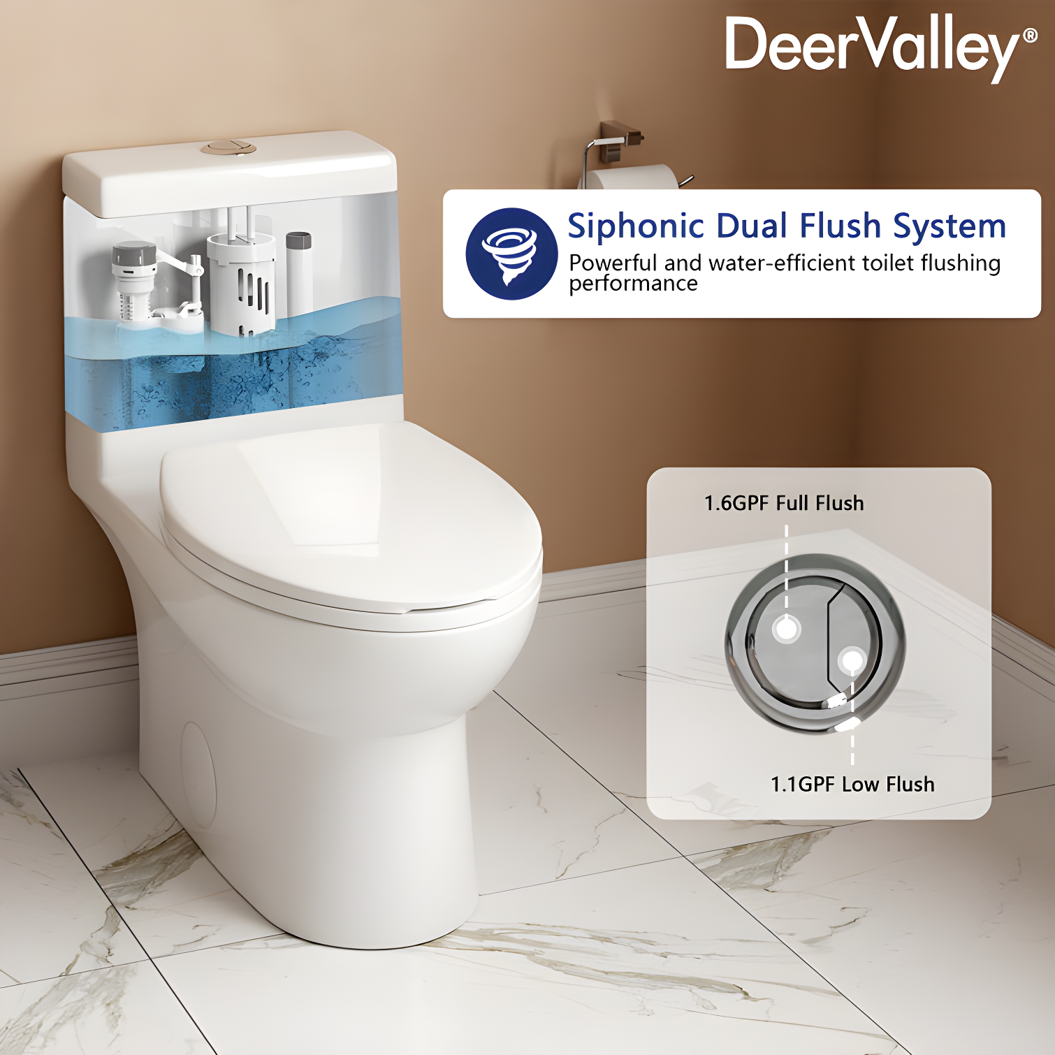 DeerValley Ally Dual-Flush Elongated One-Piece Toilet with Glazed Surface Modern Toilet with Comfort Seat Height  (Seat Included) DV-1F52816