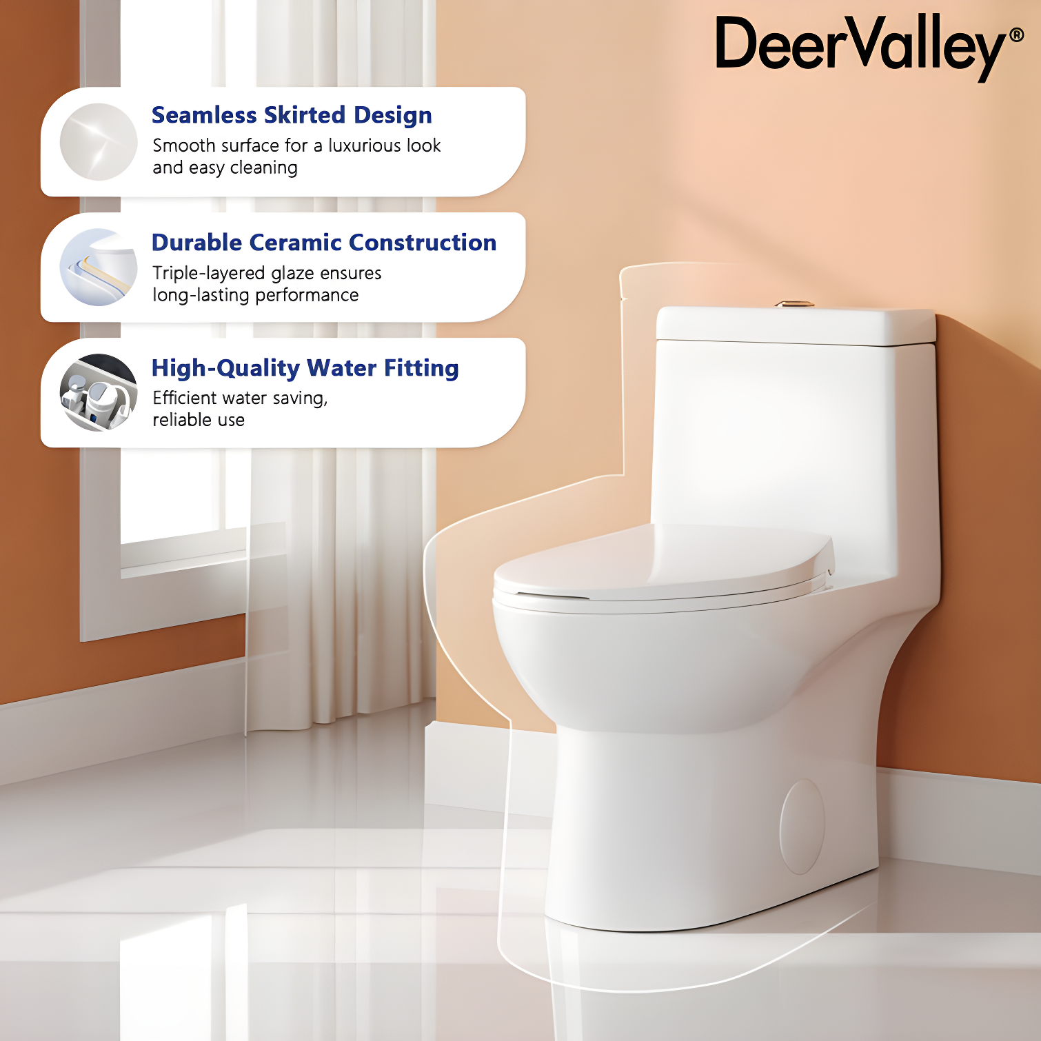 DeerValley Ally Dual-Flush Elongated One-Piece Toilet with Glazed Surface Modern Toilet with Comfort Seat Height  (Seat Included) DV-1F52816