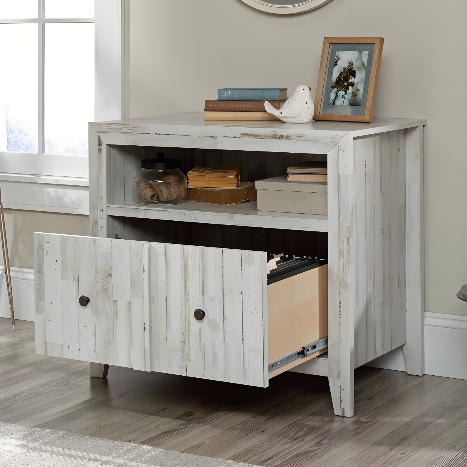 Dakota Pass Lateral File White Plank - Sauder: 1-Drawer, Open Shelf, MDF Construction, Metal Hardware