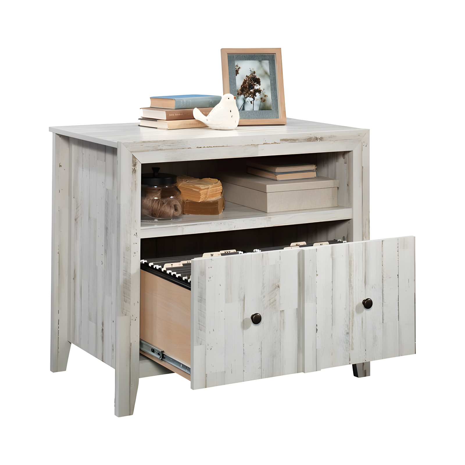 Dakota Pass Lateral File White Plank - Sauder: 1-Drawer, Open Shelf, MDF Construction, Metal Hardware