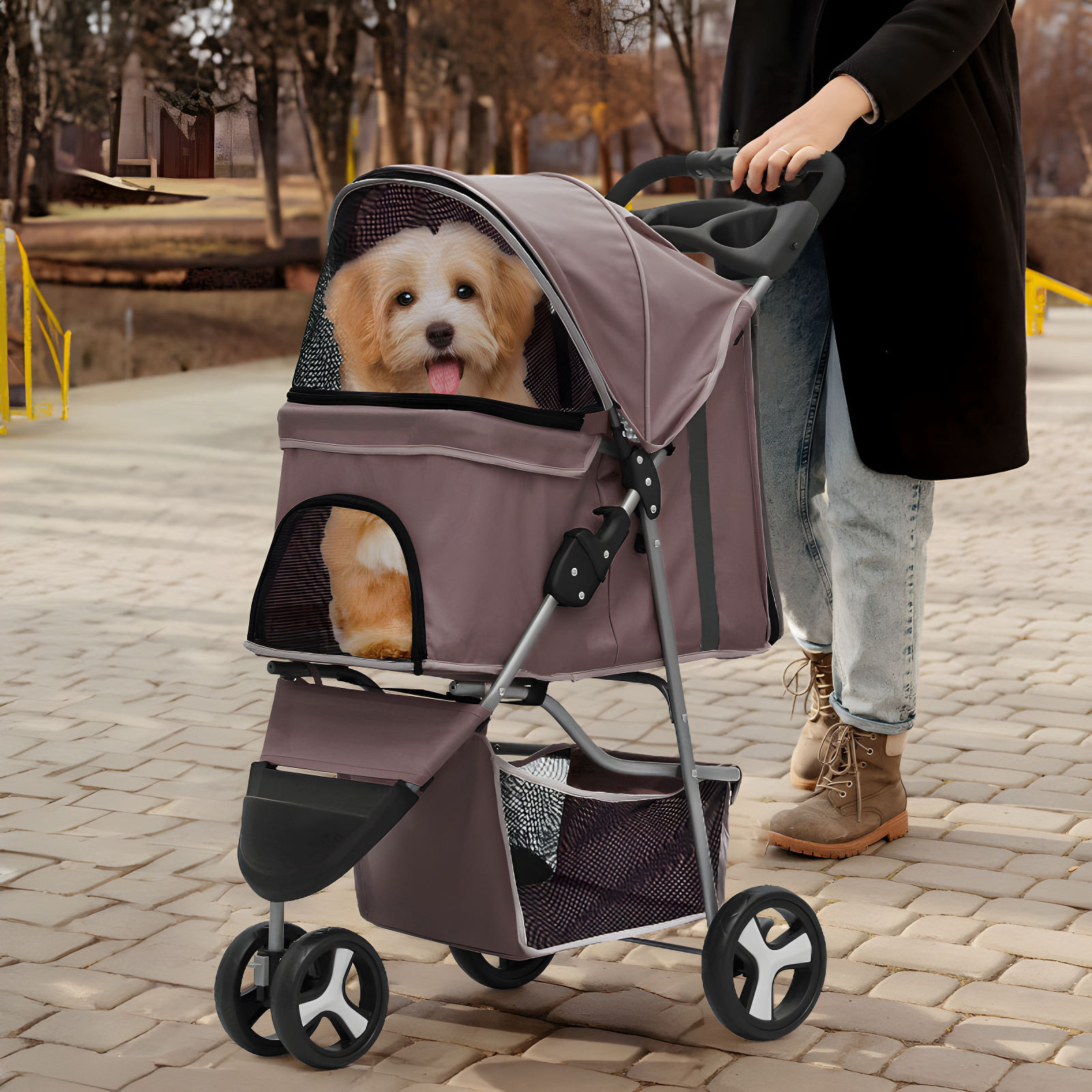 3 Wheel Folding Pet Stroller, Foldable Dog Jogger Stroller with Storage Basket, Cup Holder & Canopy