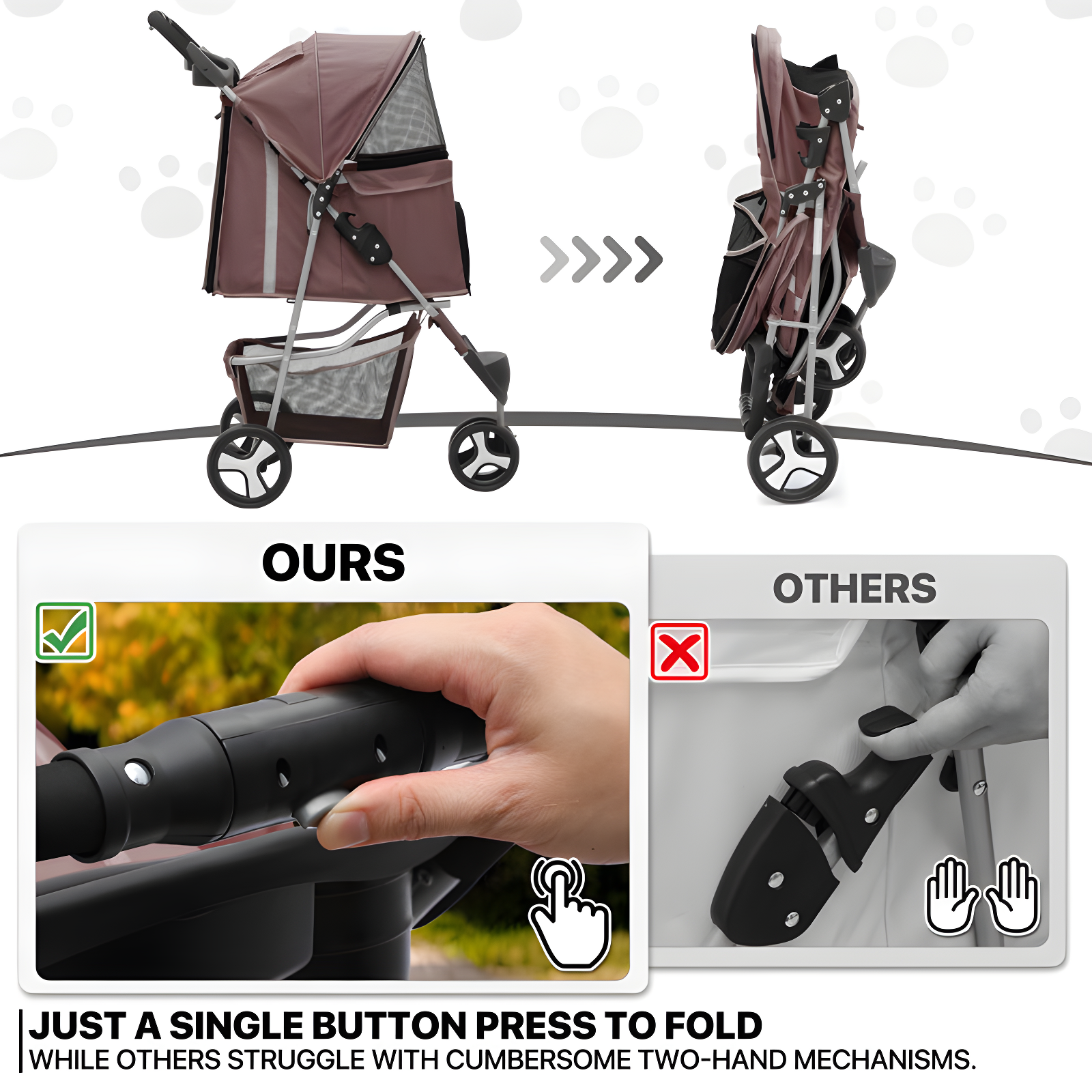3 Wheel Folding Pet Stroller, Foldable Dog Jogger Stroller with Storage Basket, Cup Holder & Canopy