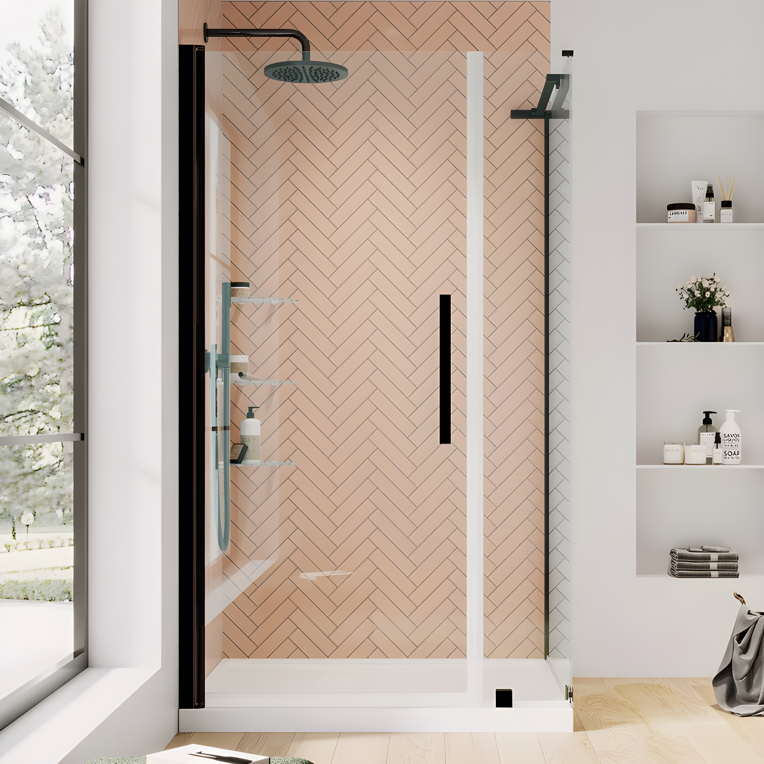 Endless Pasadena 40" W x 72" H Corner Frameless Shower Kit, Door, Panel, Base, Shelves