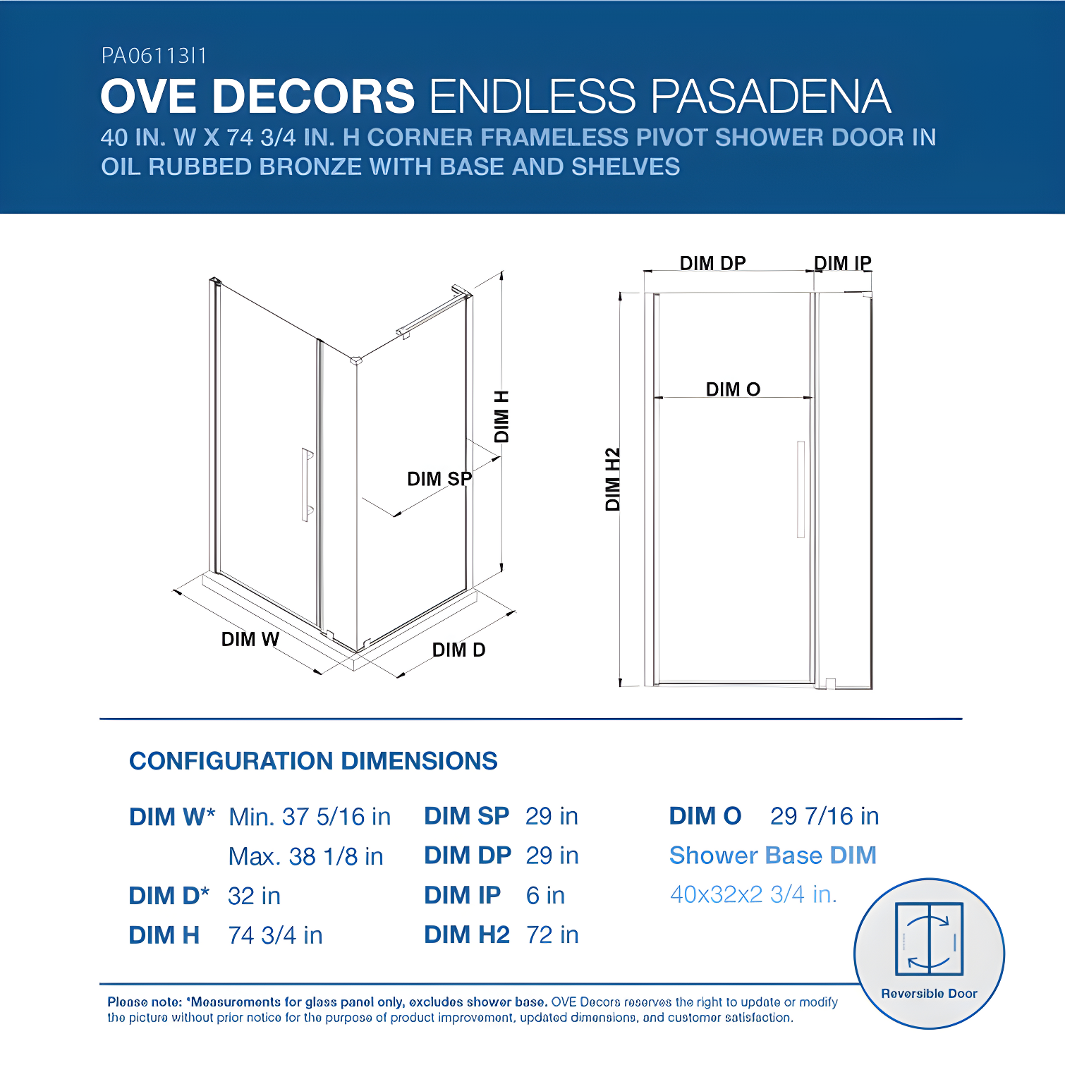 Endless Pasadena 40" W x 72" H Corner Frameless Shower Kit, Door, Panel, Base, Shelves