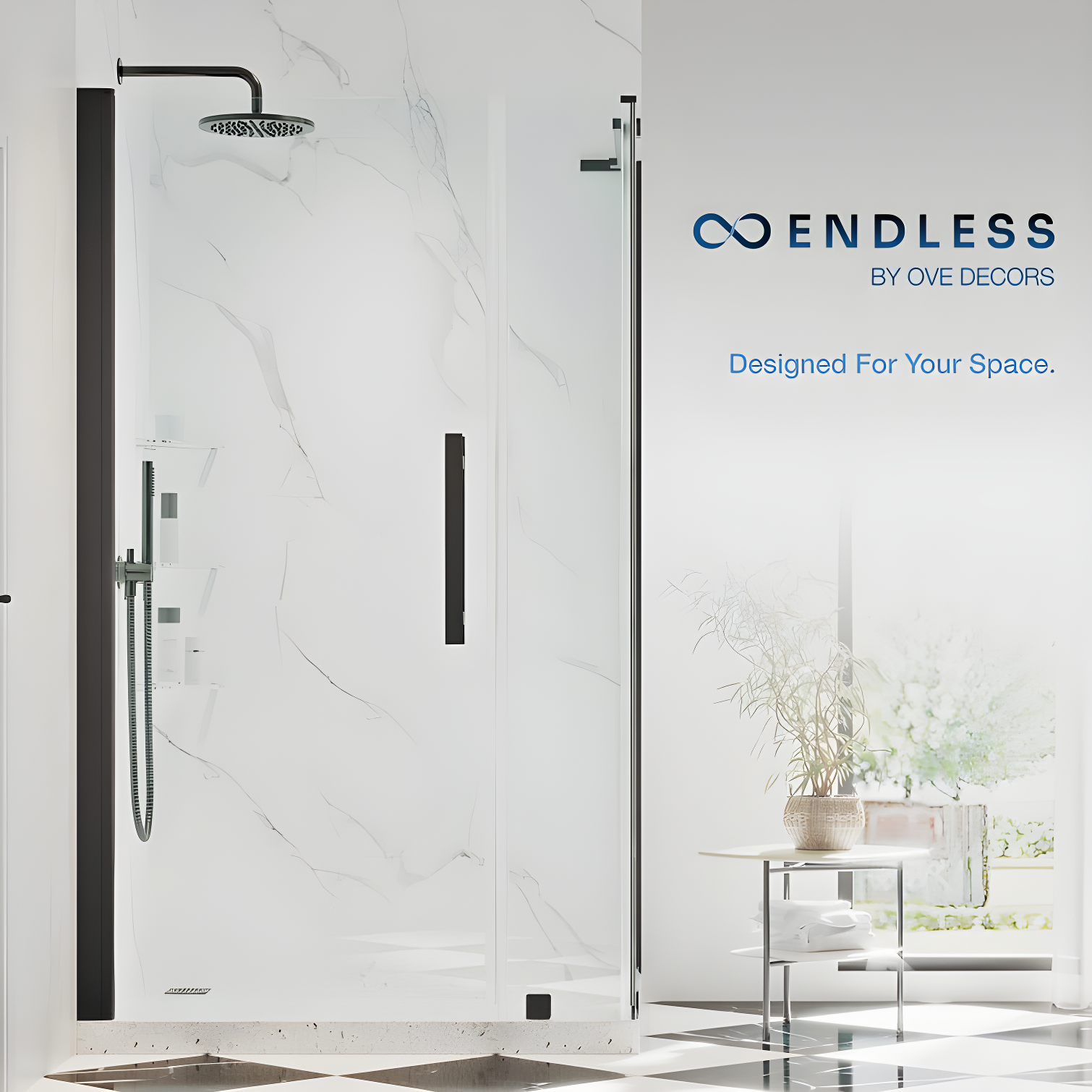 Endless Pasadena 40" W x 72" H Corner Frameless Shower Kit, Door, Panel, Base, Shelves