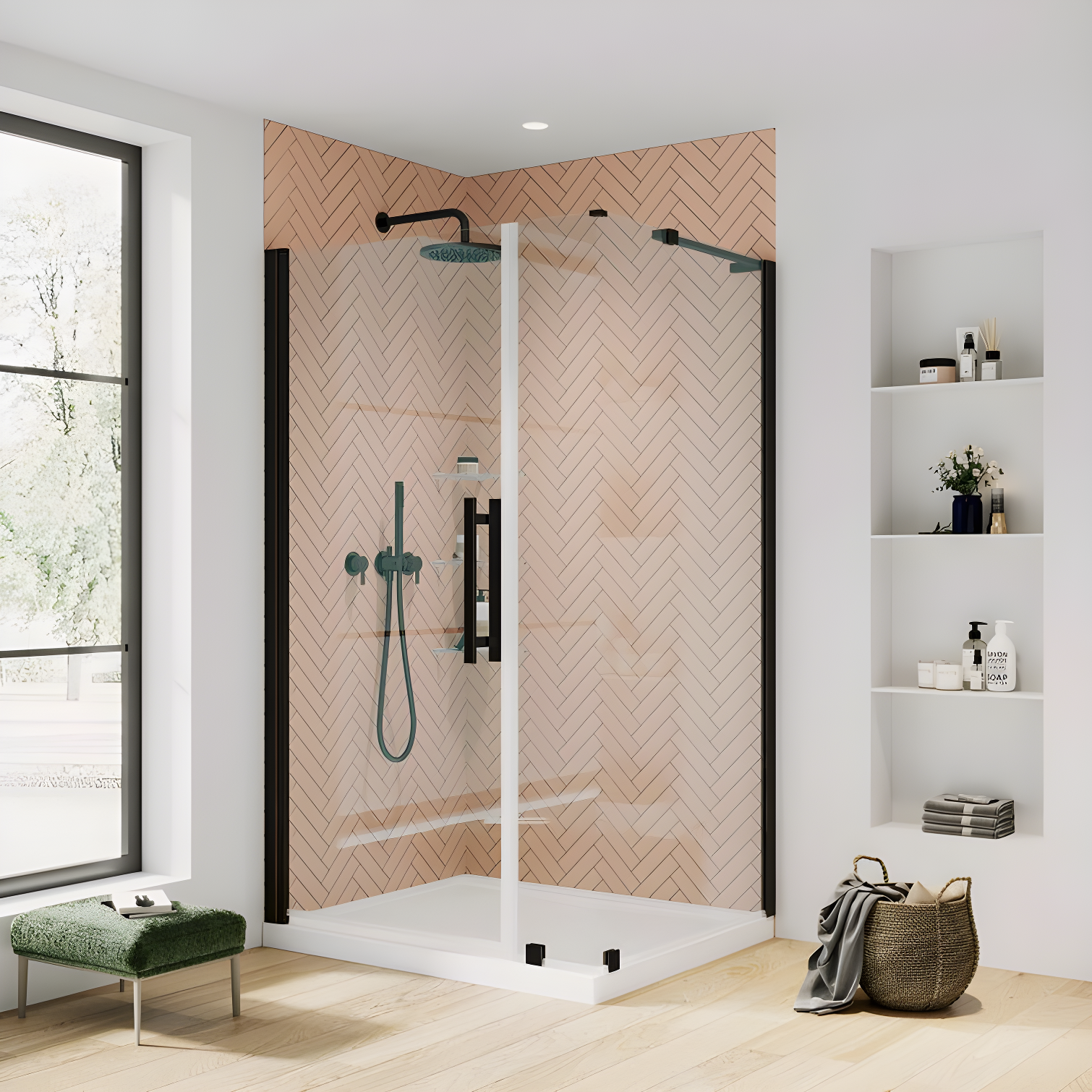 Endless Pasadena 40" W x 72" H Corner Frameless Shower Kit, Door, Panel, Base, Shelves