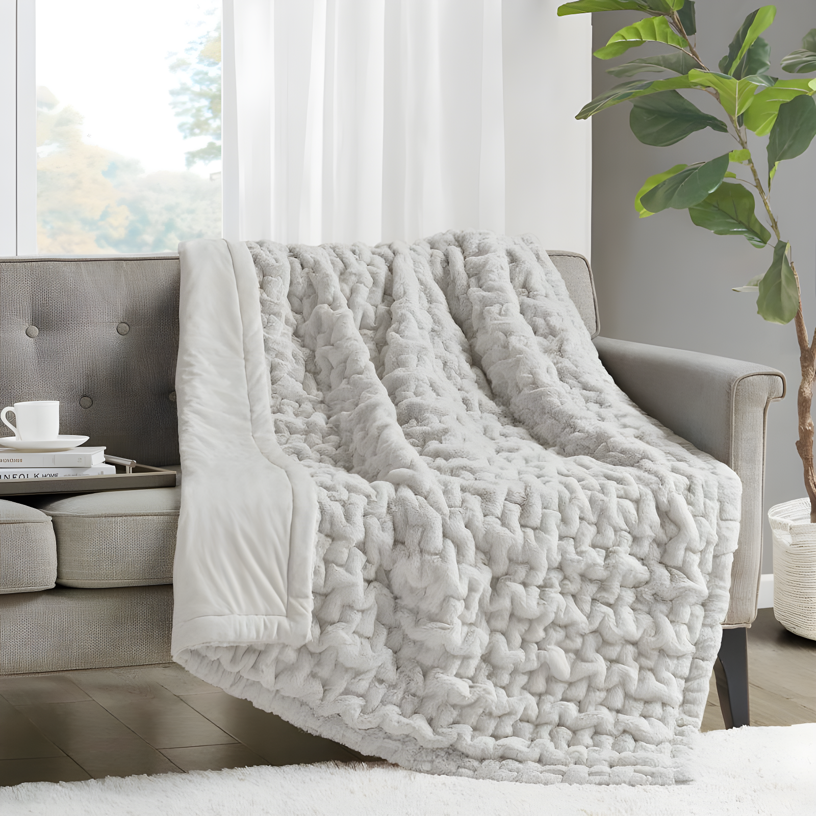 Madison Park Silver Ruched Fur Throw 50x60"