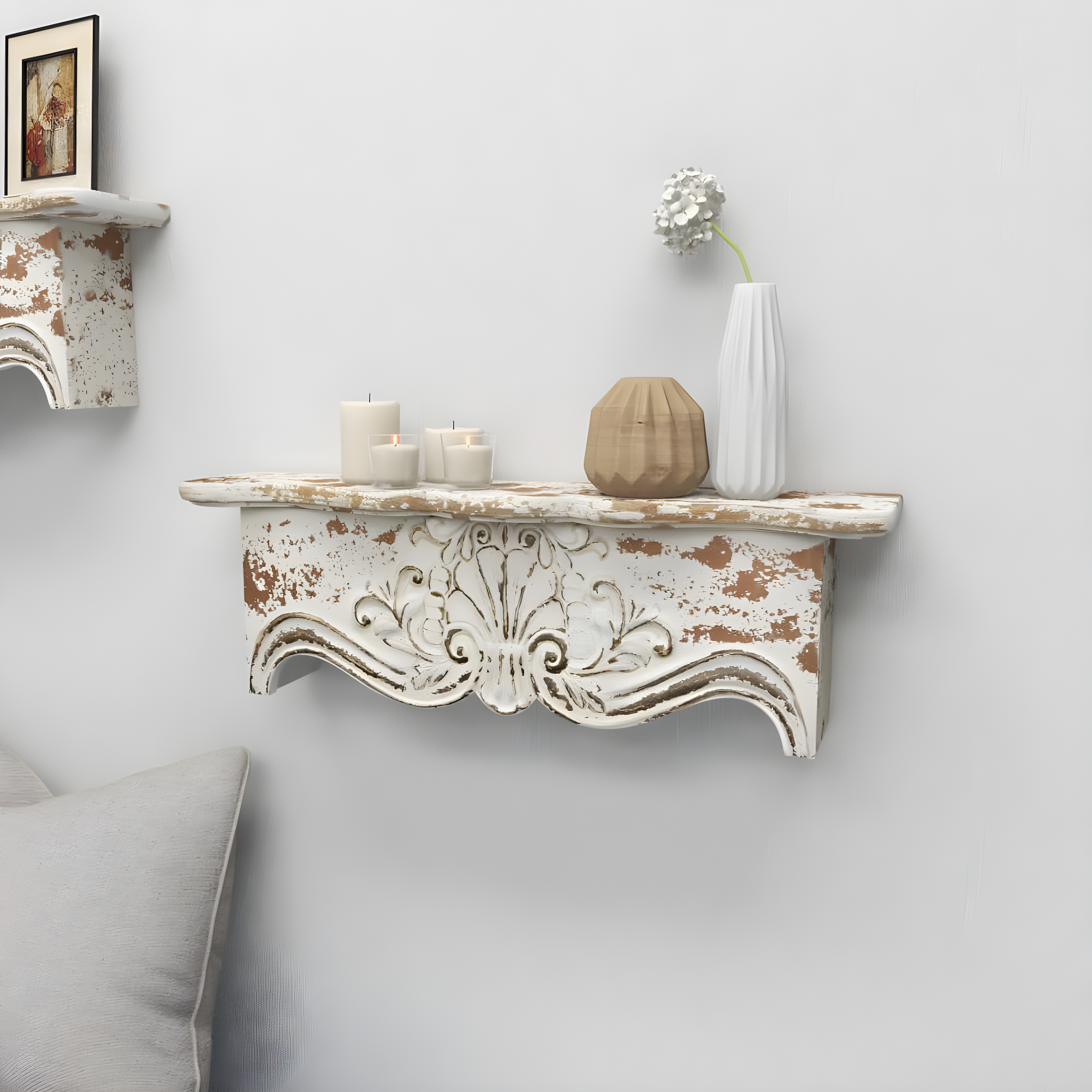 Kelly Clarkson Home Elicia White Wood Scroll Distressed 1 Shelf Room Wall Shelf