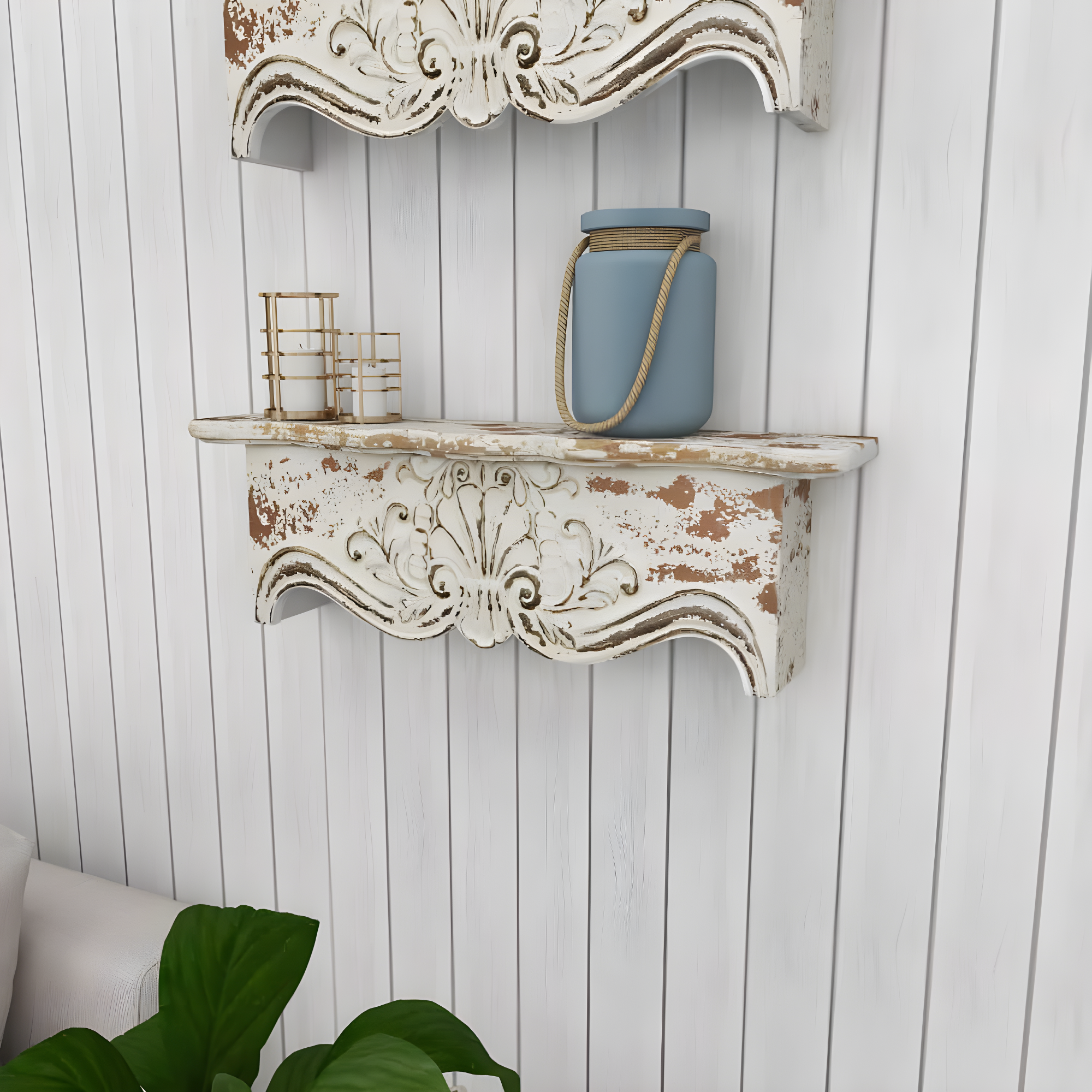 Kelly Clarkson Home Elicia White Wood Scroll Distressed 1 Shelf Room Wall Shelf
