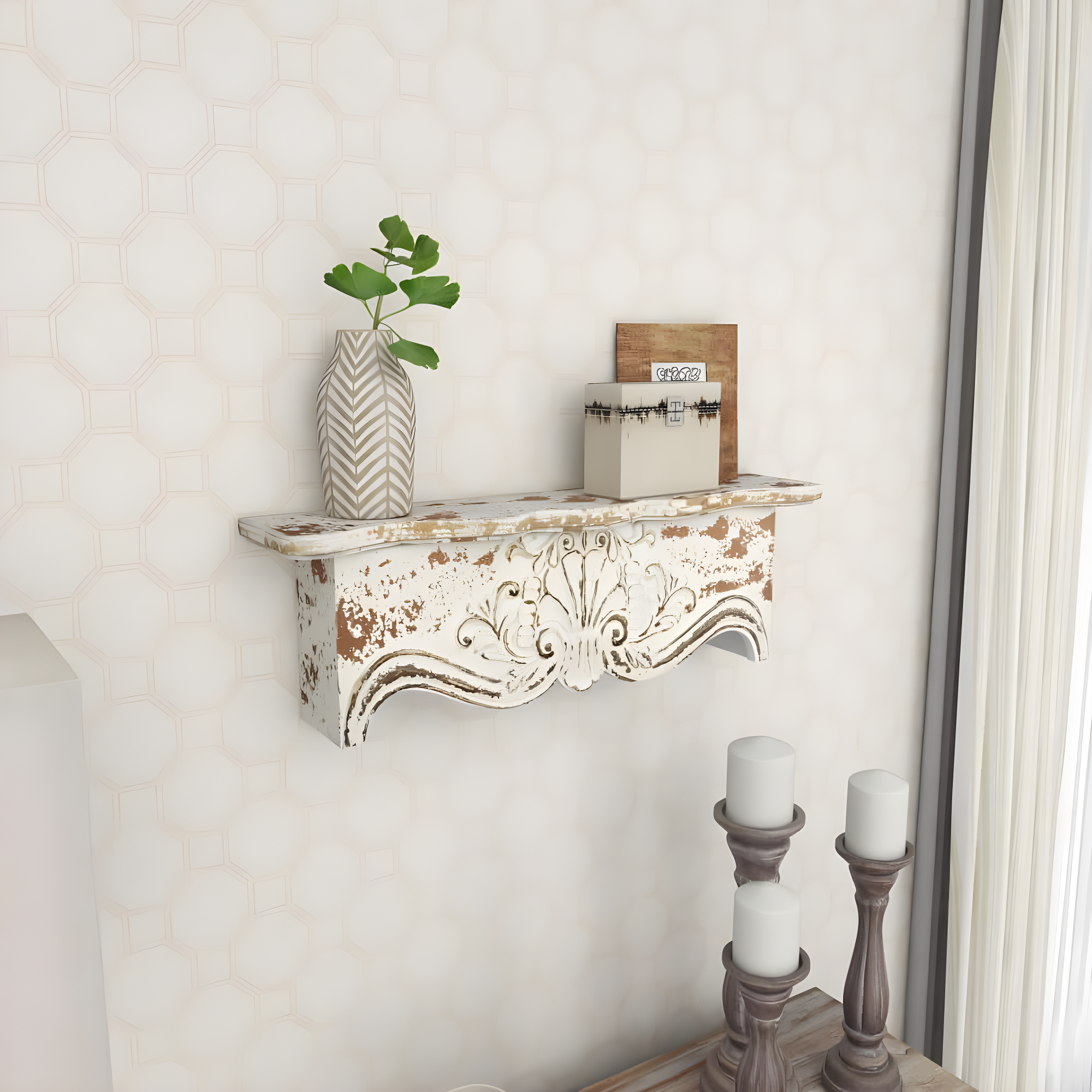 Kelly Clarkson Home Elicia White Wood Scroll Distressed 1 Shelf Room Wall Shelf