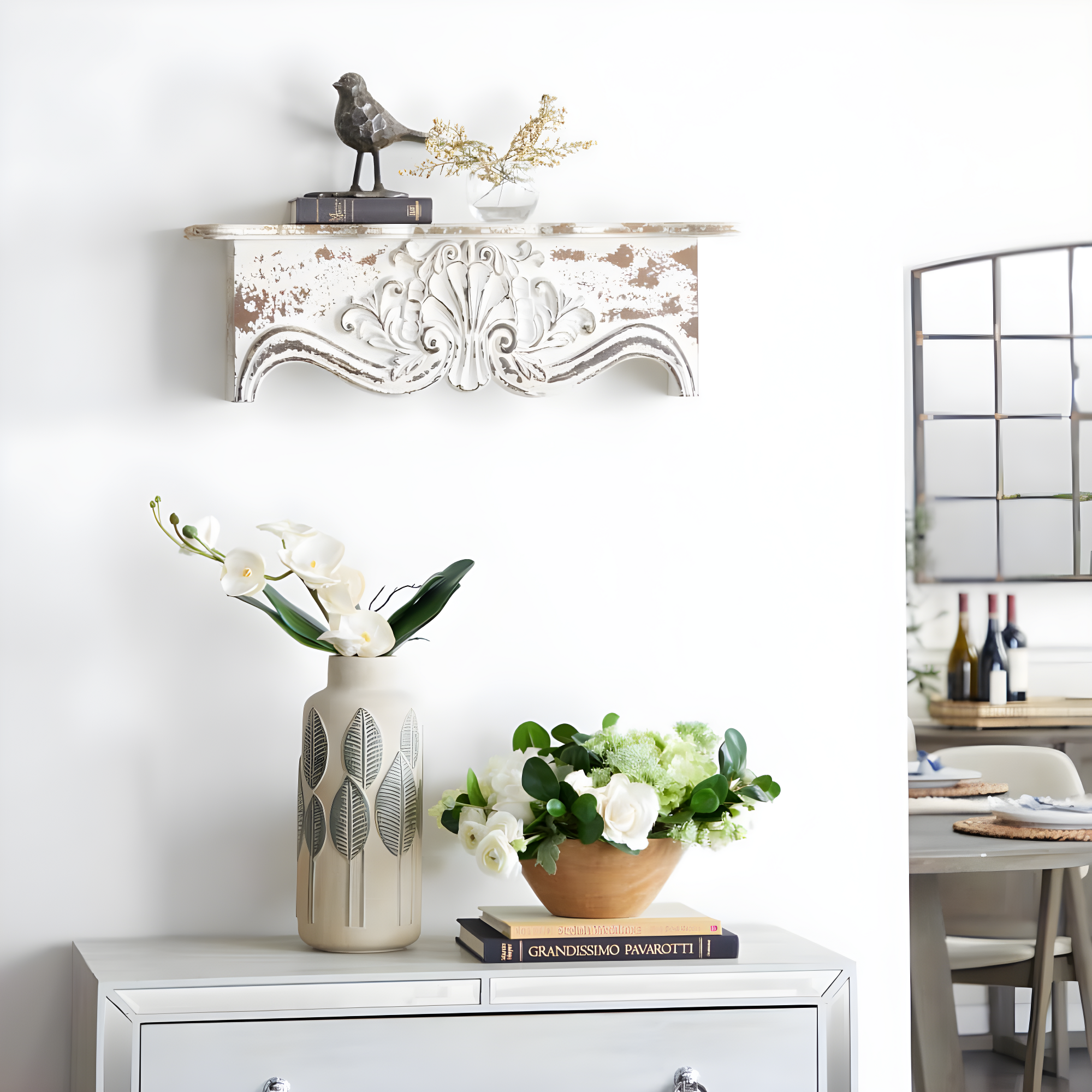 Kelly Clarkson Home Elicia White Wood Scroll Distressed 1 Shelf Room Wall Shelf