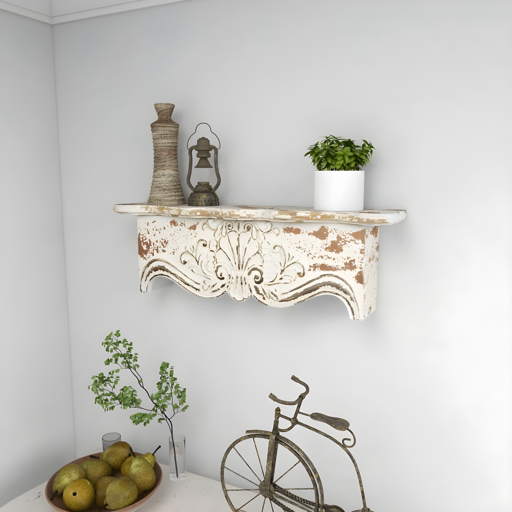 Kelly Clarkson Home Elicia White Wood Scroll Distressed 1 Shelf Room Wall Shelf