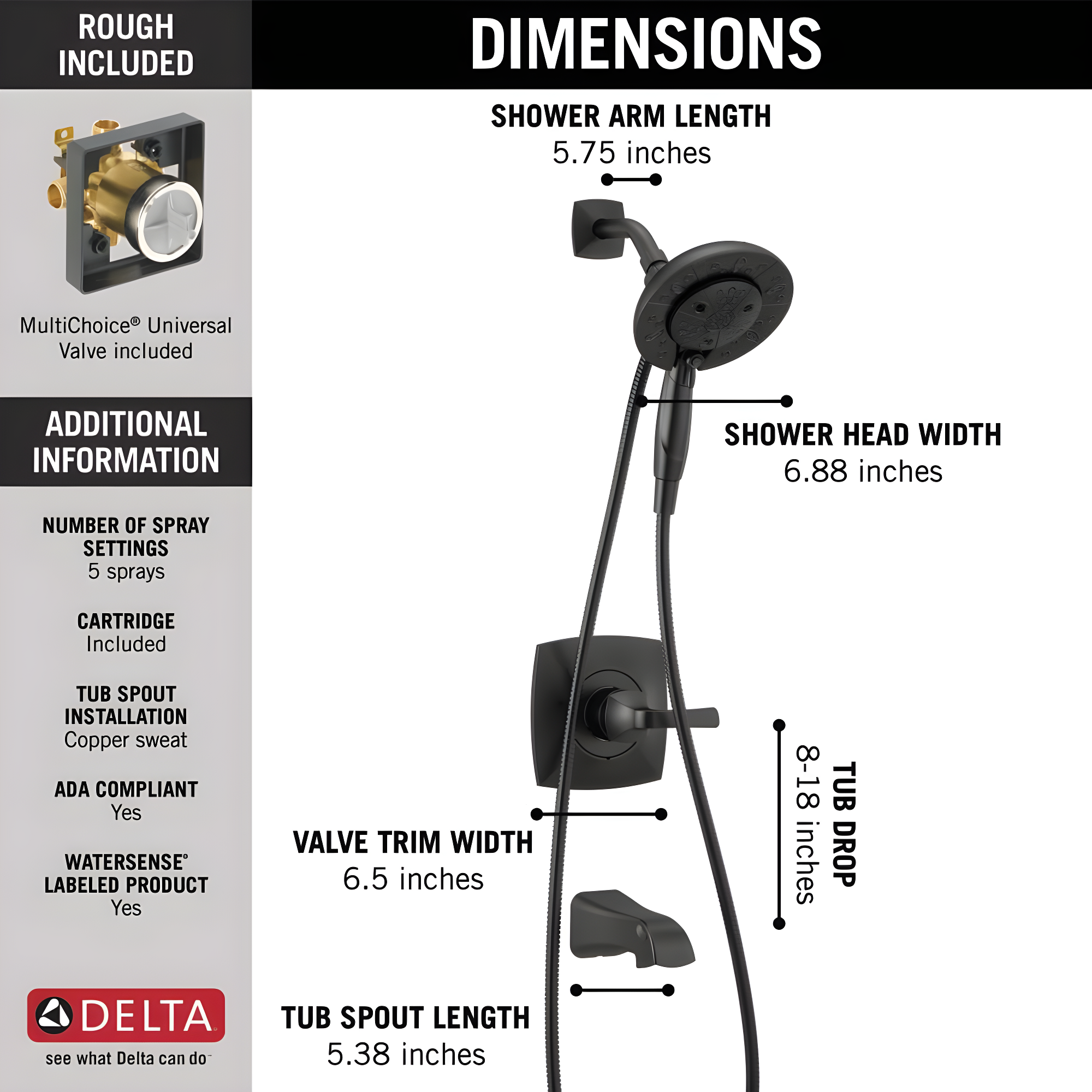 Vesna Single-Function Tub Shower Faucet Set, Shower Trim Kit with In2ition Shower Head and Valve
