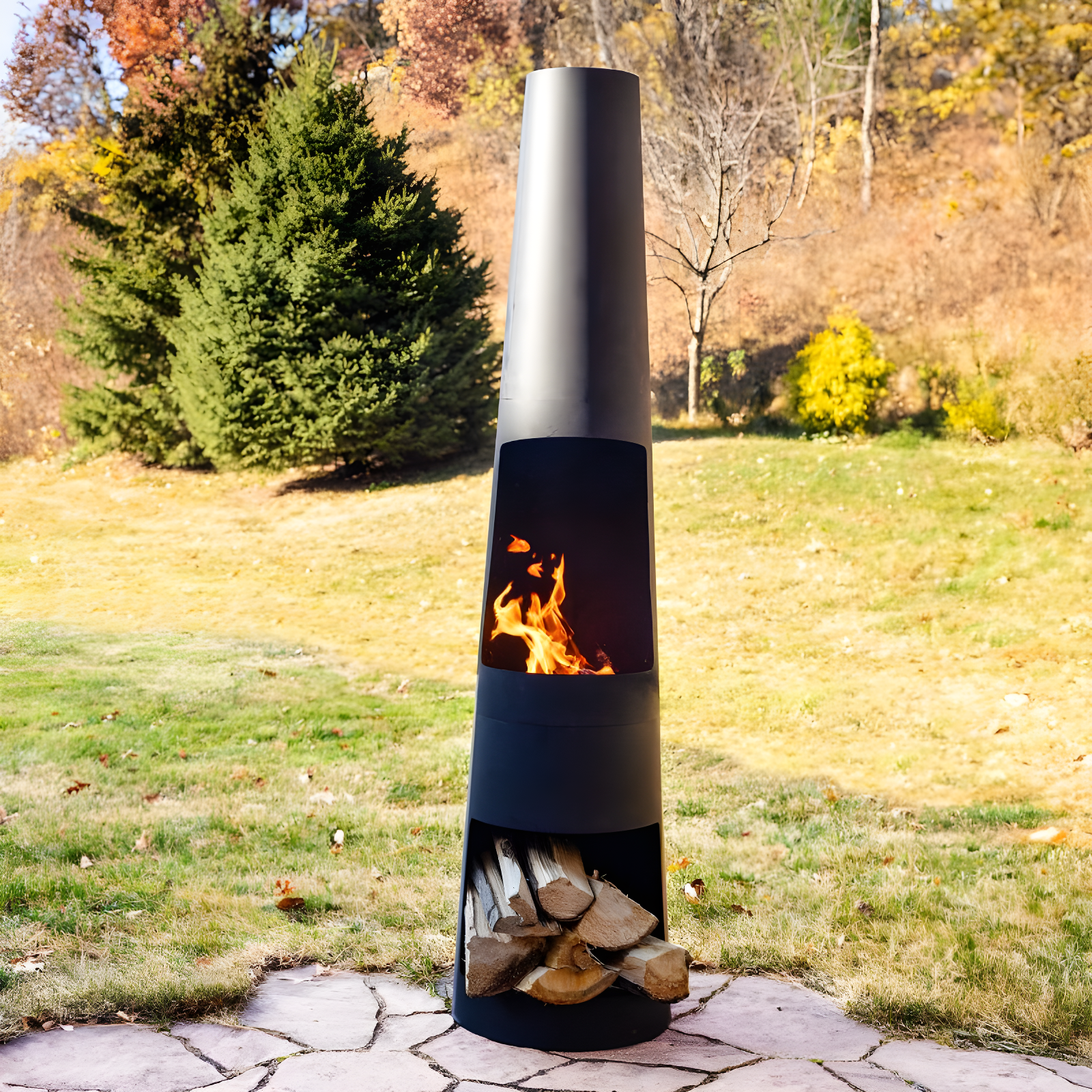 17 Stories 59" Black Finish Steel Outdoor Chiminea Fire Pit with Built-In Log Holder