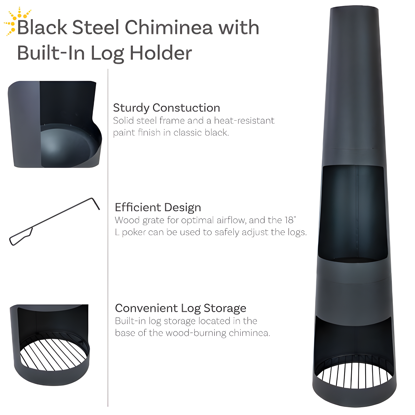17 Stories 59" Black Finish Steel Outdoor Chiminea Fire Pit with Built-In Log Holder