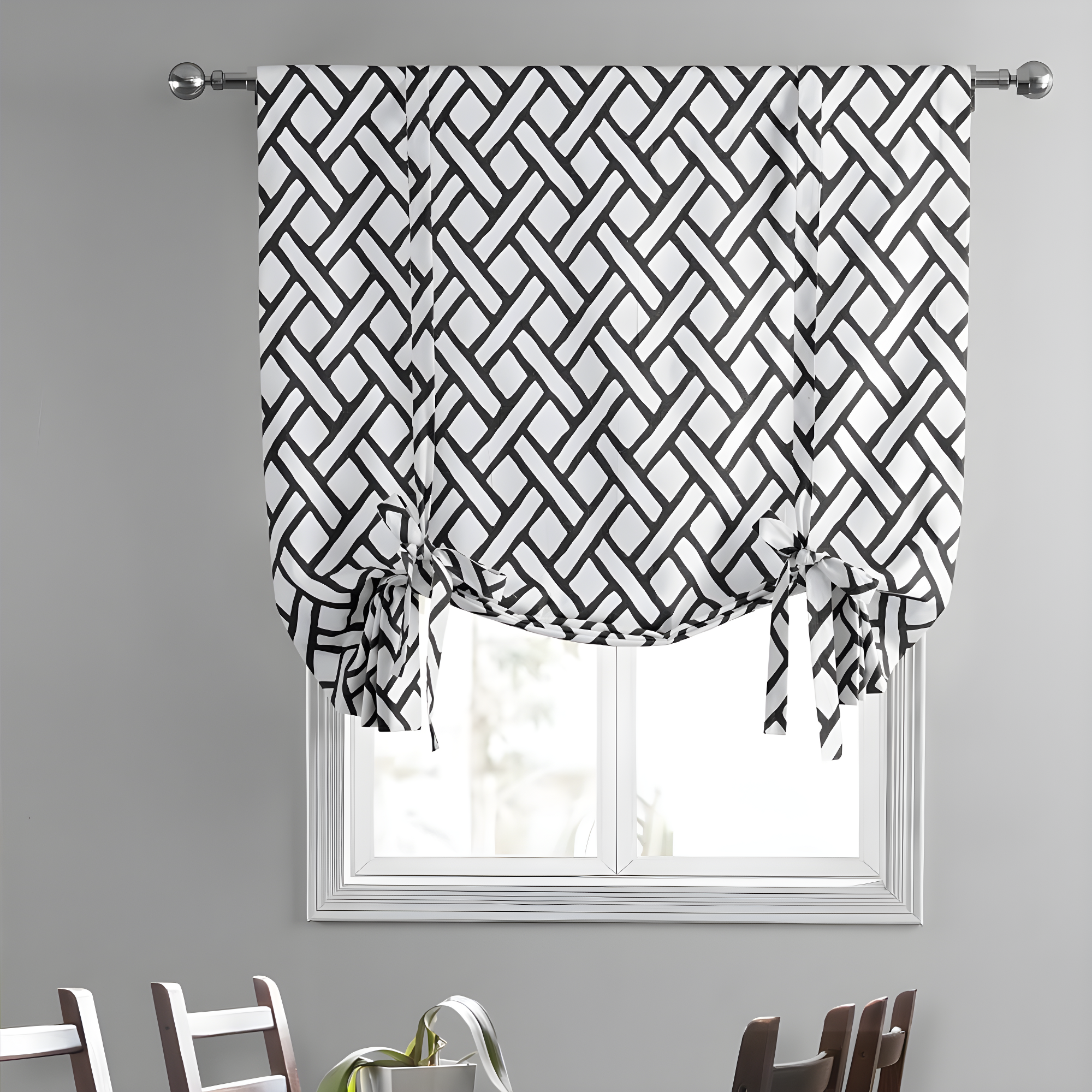 HPD Half Price Drapes Printed Cotton Room Darkening Tie Up Curtains for Windows - 46 x 63 Roll Up Balloon Curtain for Living Room, Kitchen (1 Panel), PRCT-TUD215C-63, Garden Path Black
