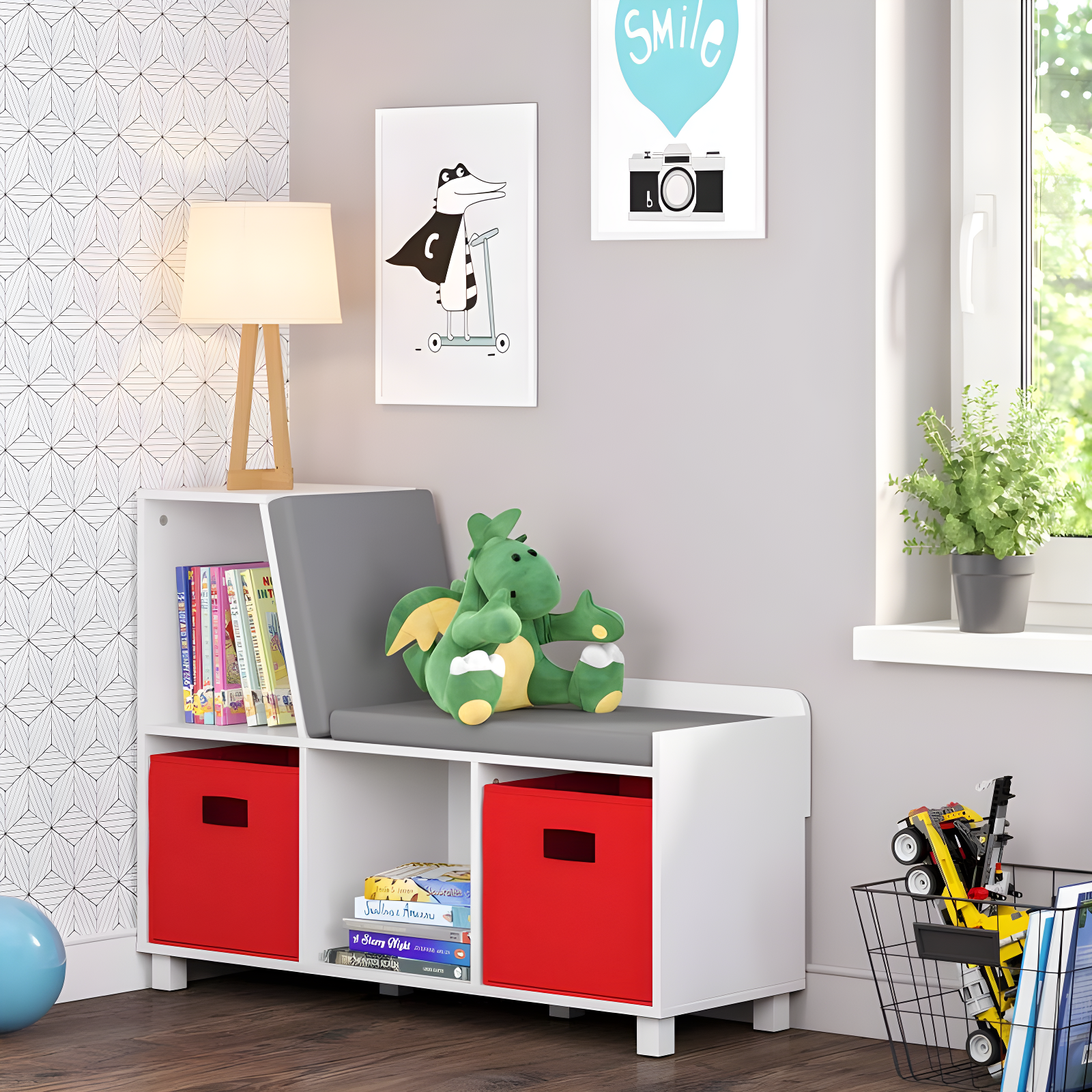 RiverRidge Home RiverRidge Kids Reading Book Nook Cushioned Toy Storage Bench with Cubby Organizers and 2 Fabric Bins- White