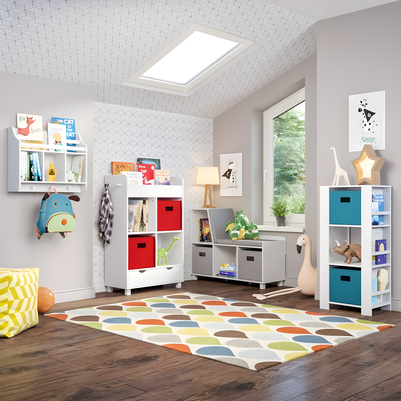 RiverRidge Home RiverRidge Kids Reading Book Nook Cushioned Toy Storage Bench with Cubby Organizers and 2 Fabric Bins- White