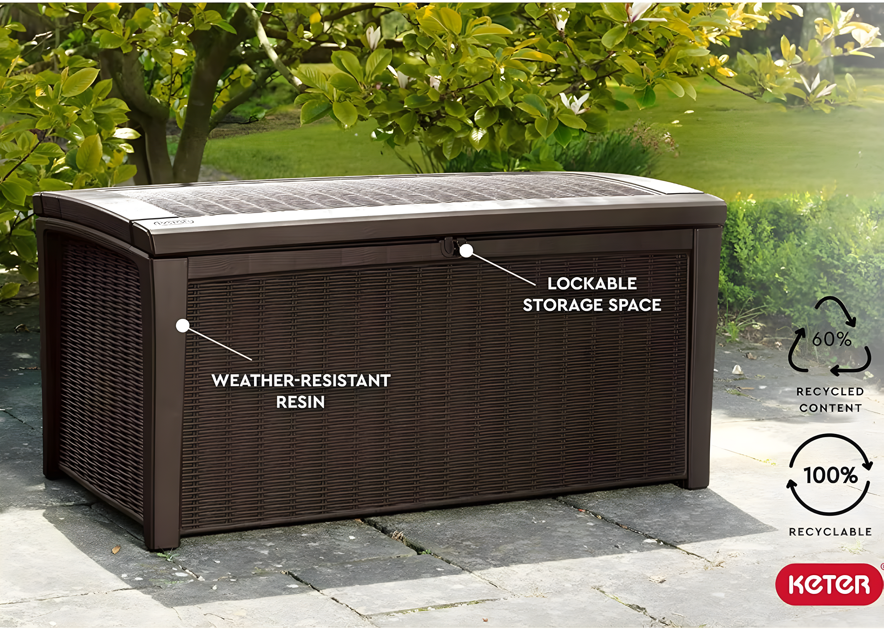Keter Borneo 110 Gallon Rattan Wicker Resin Patio Deck Storage Box Bench