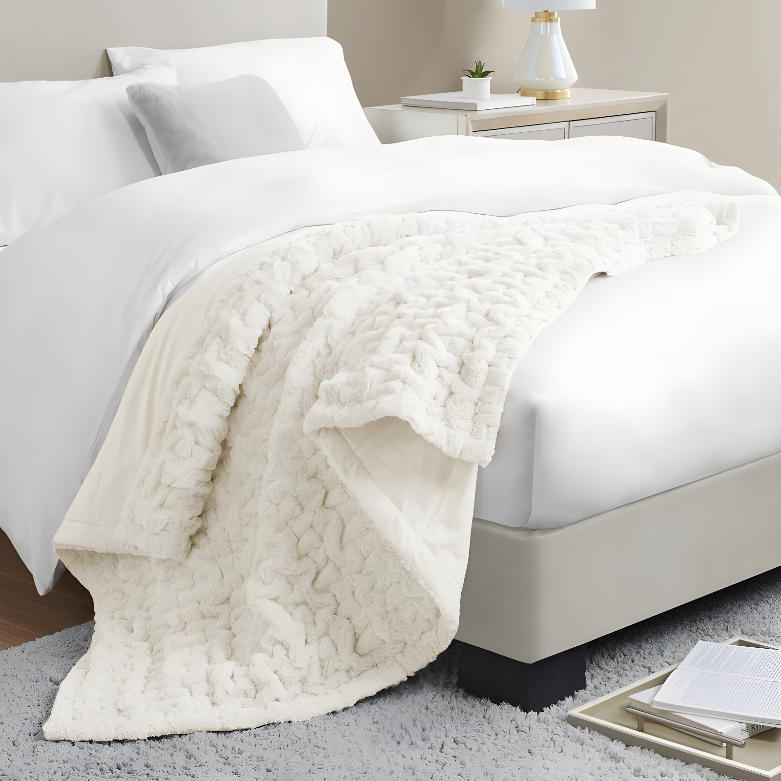 Madison Park Ivory Ruched Fur Throw 50x60"