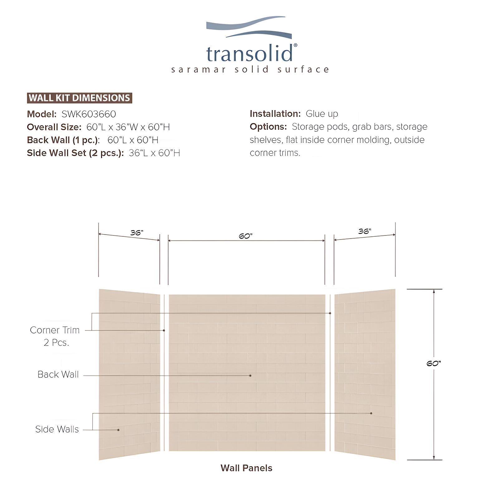 SaraMar 60'' W 36'' D 60'' H Glue Up Solid Surface Wall