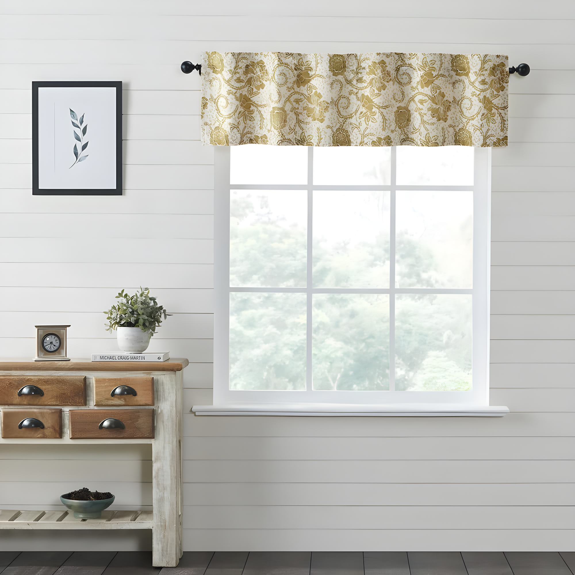 VHC Brands Dorset, Farmhouse Window Valance Curtain, Floral, Gold, 16x60