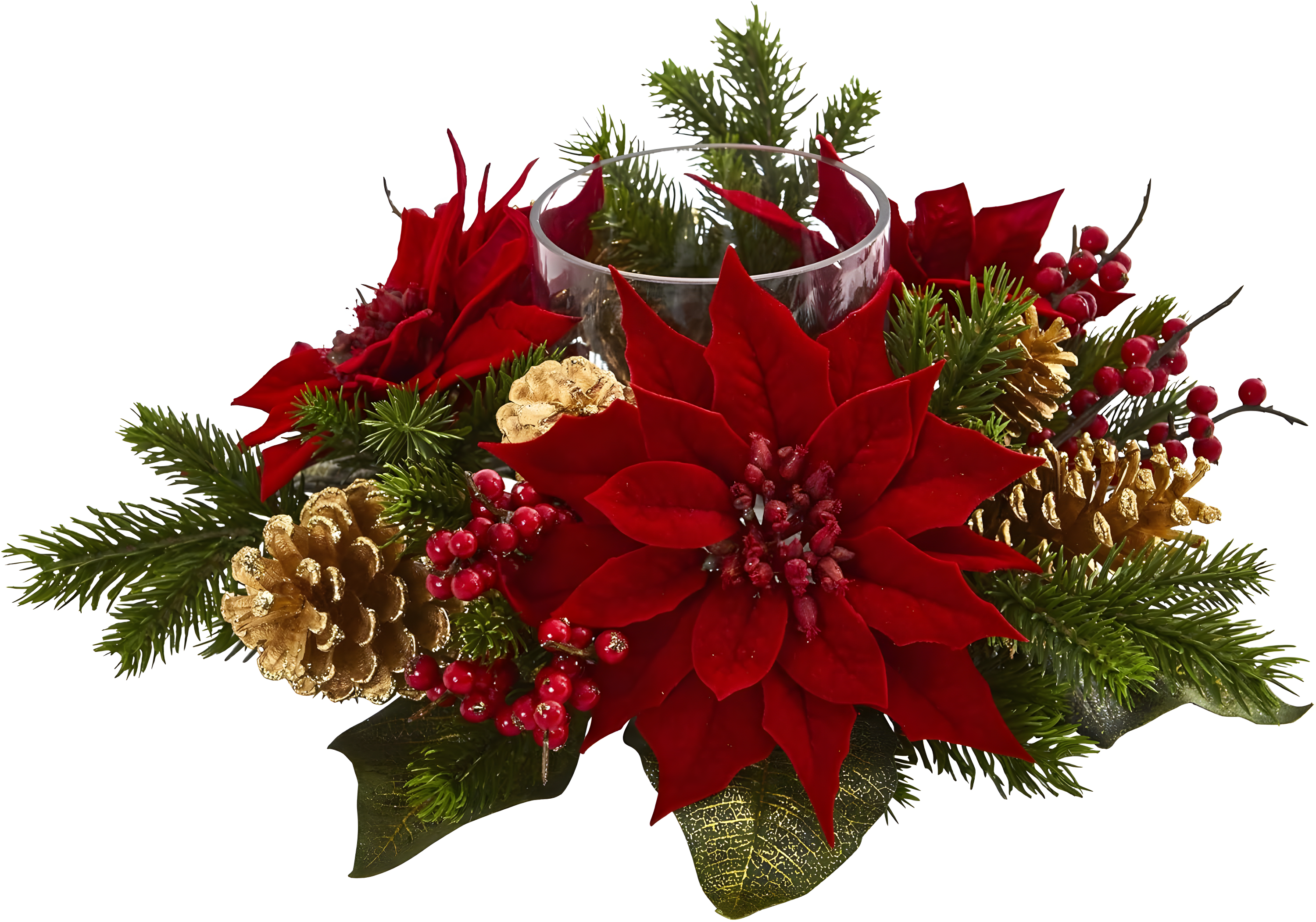 Nearly Natural Poinsettia, Berry and Golden Pine Cone Candelabrum Artificial Flower Arrangement