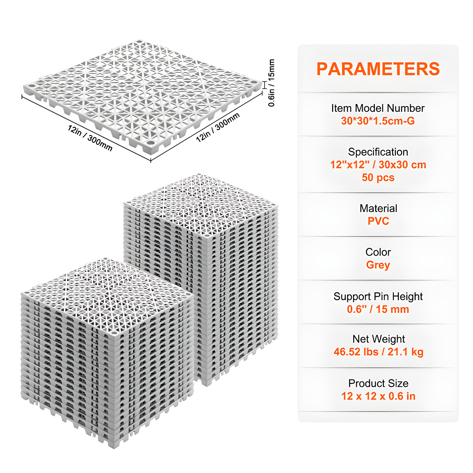 VEVOR 12" X 12" Drainage Mats In Different Colors VEVOR 12'' W x 12'' L Garage Flooring Drain Tiles (Set of 50)
