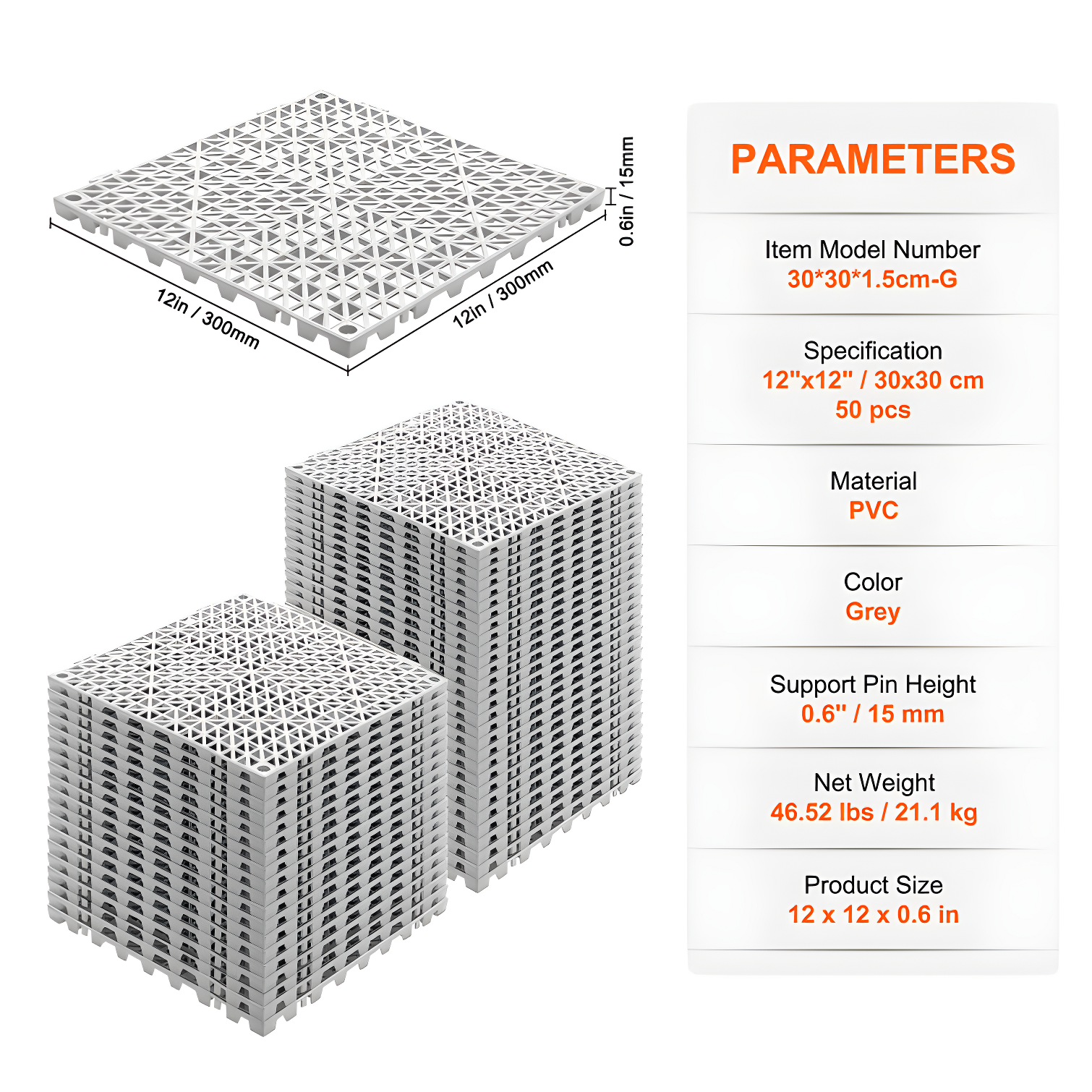 VEVOR 12" X 12" Drainage Mats In Different Colors VEVOR 12'' W x 12'' L Garage Flooring Drain Tiles (Set of 50)