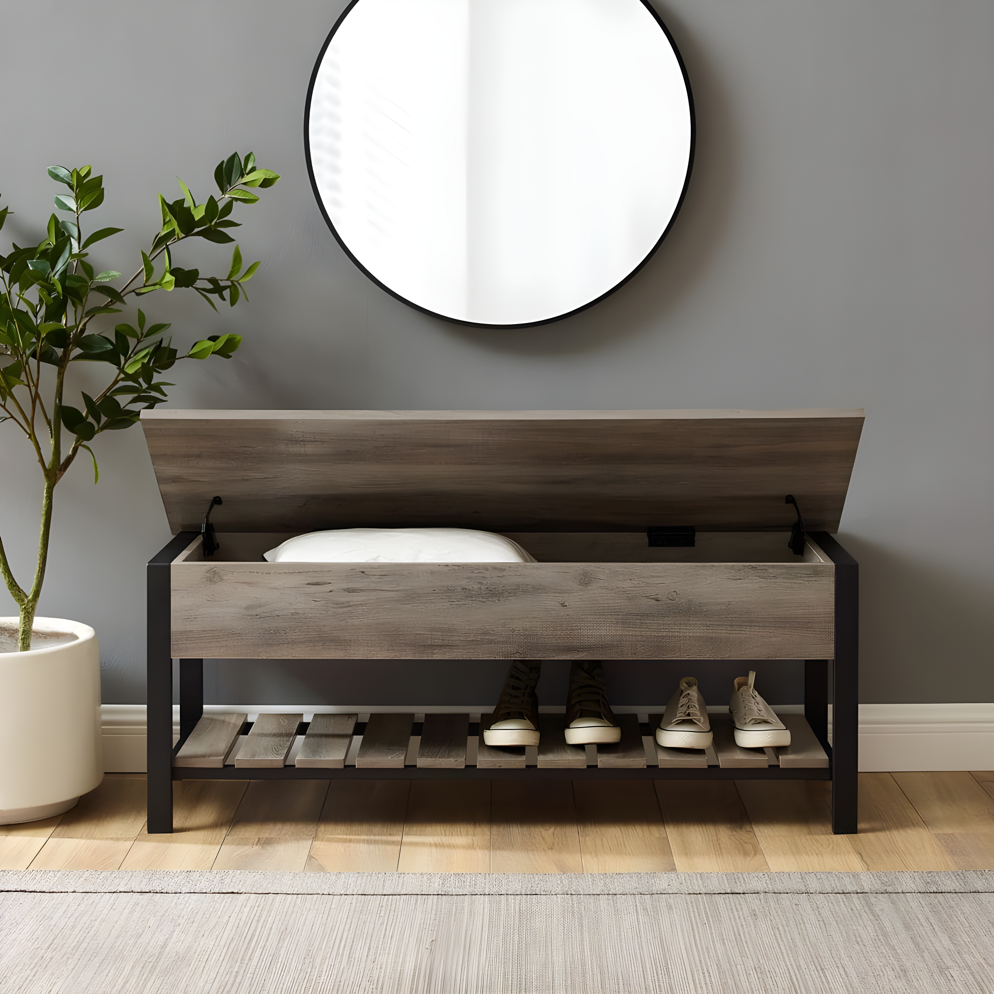 Walker Edison Storage Bench, Grey Wash