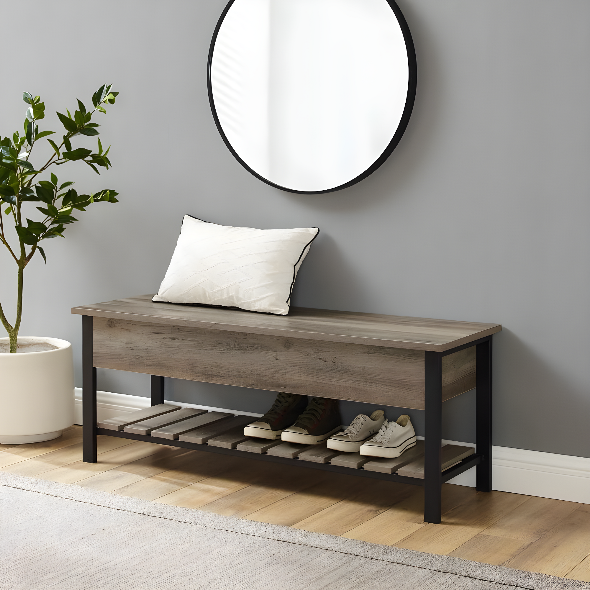 Walker Edison Storage Bench, Grey Wash