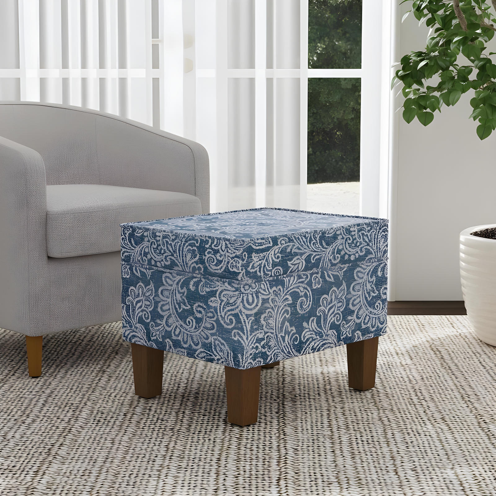 Medium Storage Ottoman Denim - HomePop: Upholstered Footstool, Botanical Pattern, Hardwood Frame