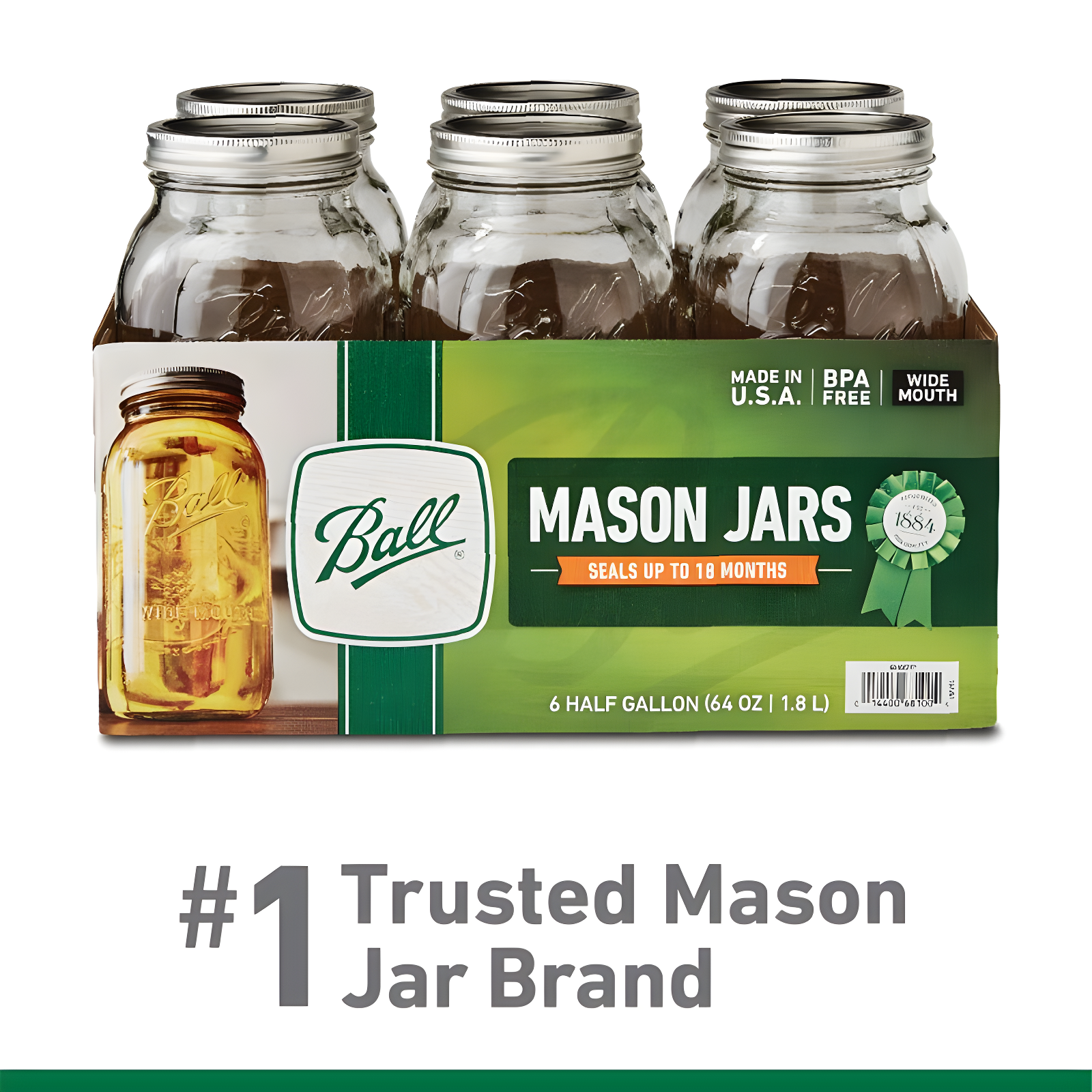 Ball 64oz 6pk Glass Wide Mouth Mason Jar with Lid and Band: Clear Canning Jars, Dishwasher-Safe, 4" Neck Diameter
