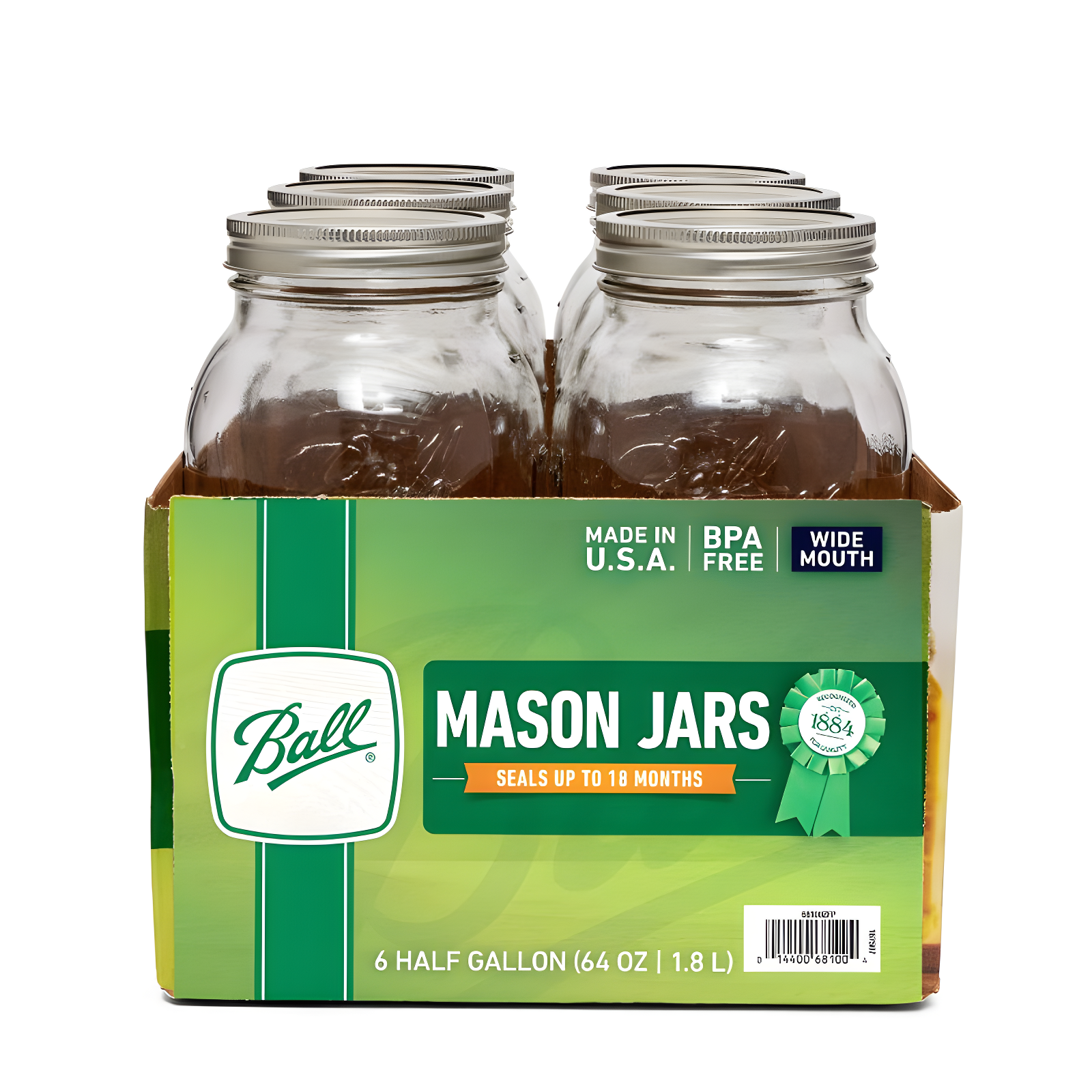 Ball 64oz 6pk Glass Wide Mouth Mason Jar with Lid and Band: Clear Canning Jars, Dishwasher-Safe, 4" Neck Diameter
