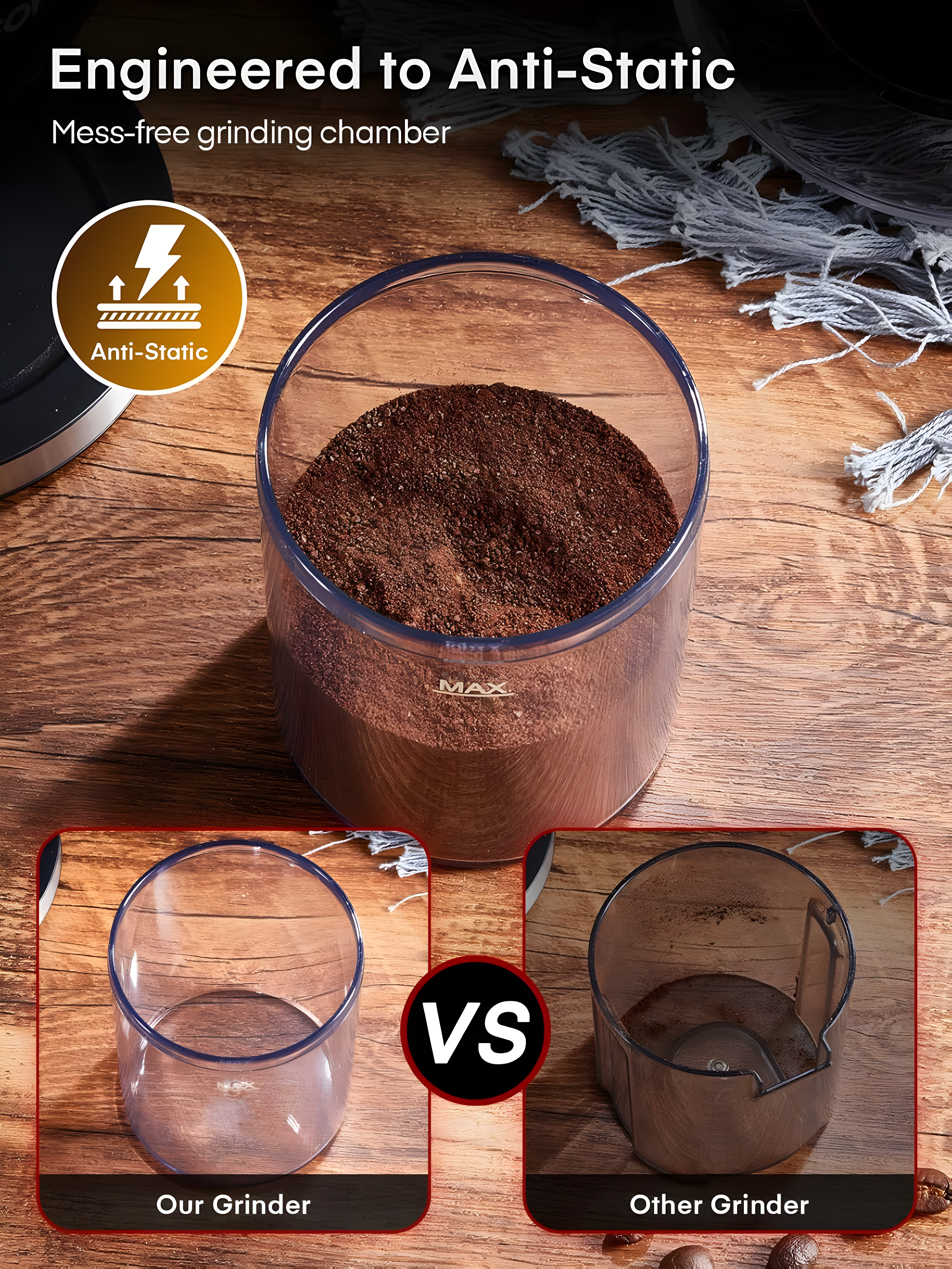 Anti-Static ABS Plastic Electric Coffee Grinder,  200W (AC 120V/60Hz) Motor, SUS420 Steel Conical Burr, 42dB Quiet Operation