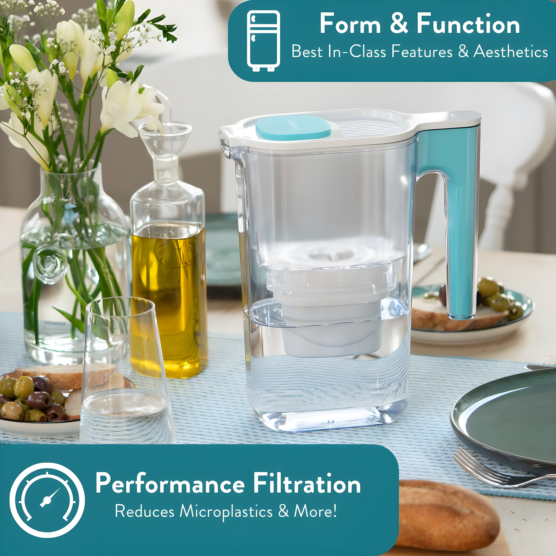 Aqua Optima Perfect Pour 6 Cup Water Filter Pitcher By Aqua Optima, Ergonomic, Eliminates Splashes And Spills, Bpa Free, Wqa Certified, Includes 6 Evolve+ Water Filters, Blue