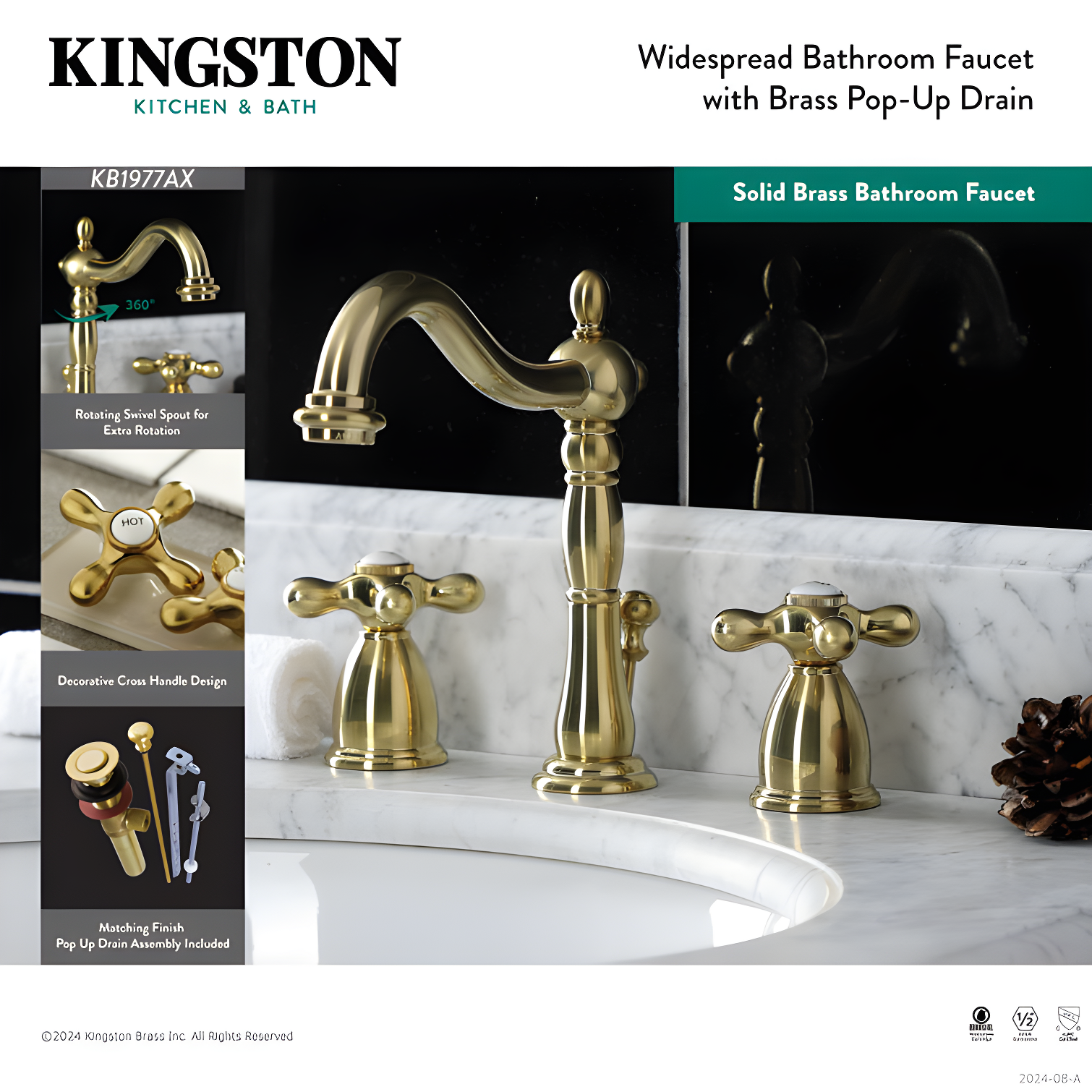 Kingston Brass Heritage Two-Handle 3-Hole Deck Mount Widespread Bathroom Faucet with Pop-Up Drain
