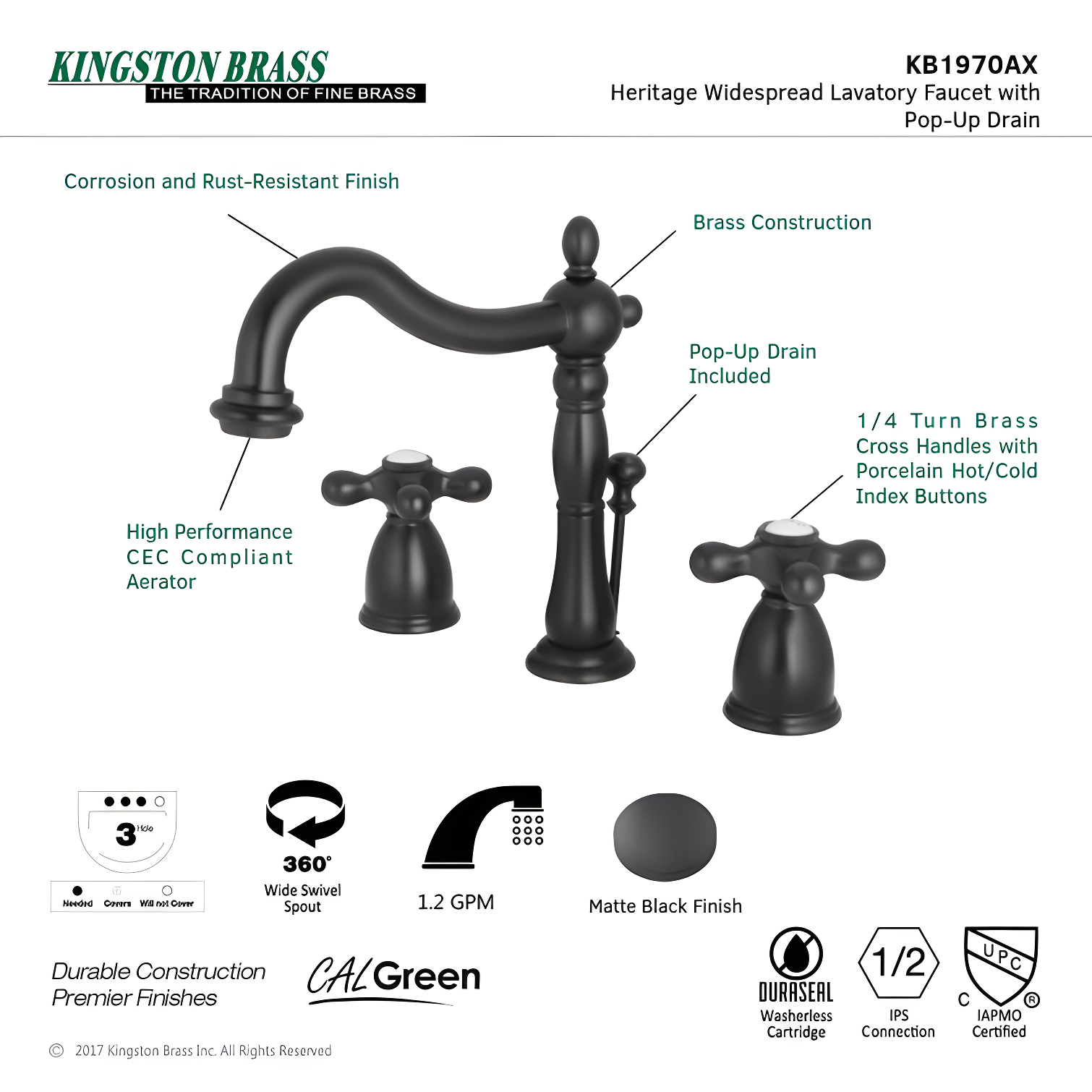 Kingston Brass Heritage Two-Handle 3-Hole Deck Mount Widespread Bathroom Faucet with Pop-Up Drain