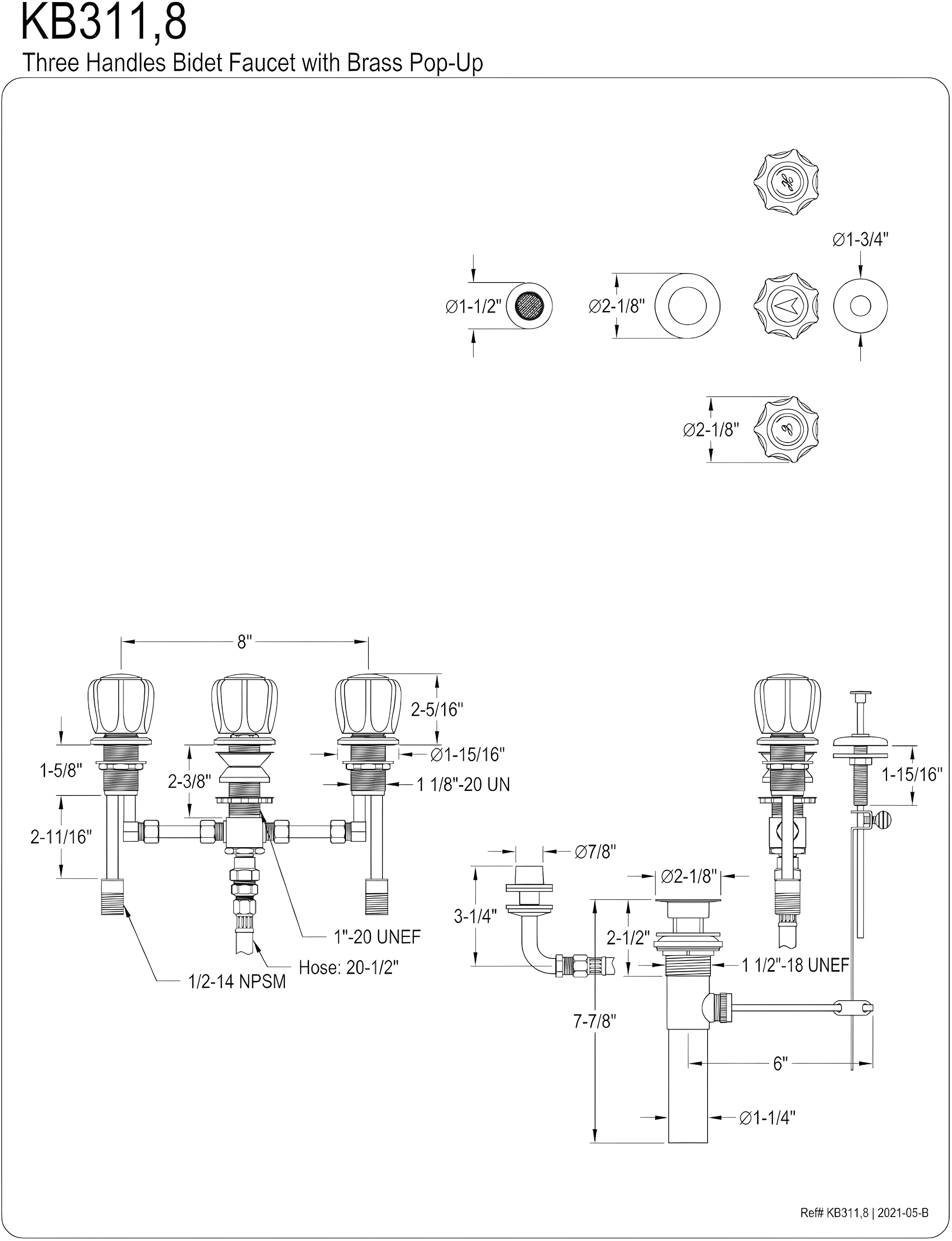Kingston Brass Americana Three-Handle Deck Mount Bidet Faucet with Brass Pop-Up
