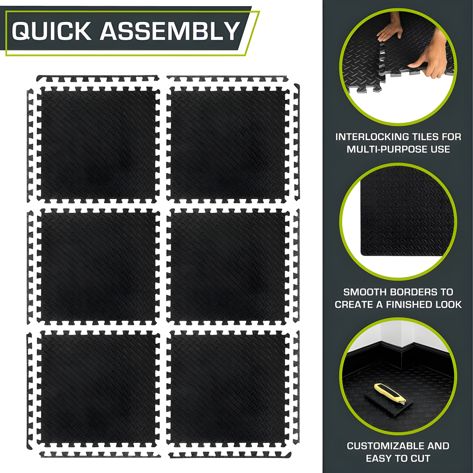 Exercise Puzzle Mat 1/2-in, Black, 24 Sq Ft - 6 Tiles