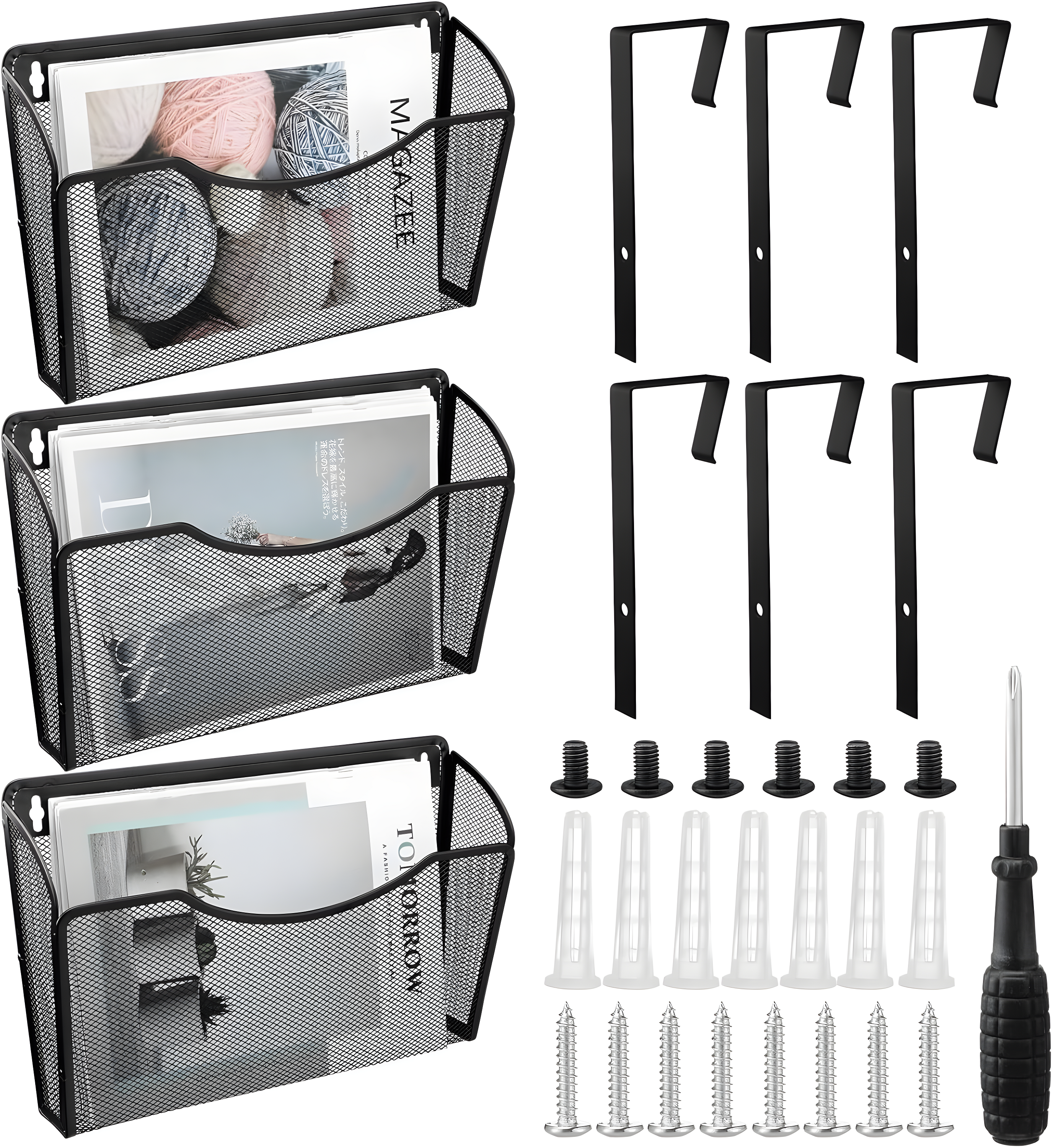 Mesh 3 Pack Wall Mounted File Holder Metal Hanging Vertical Wall File Pocket Organizer for Office and Home, Black