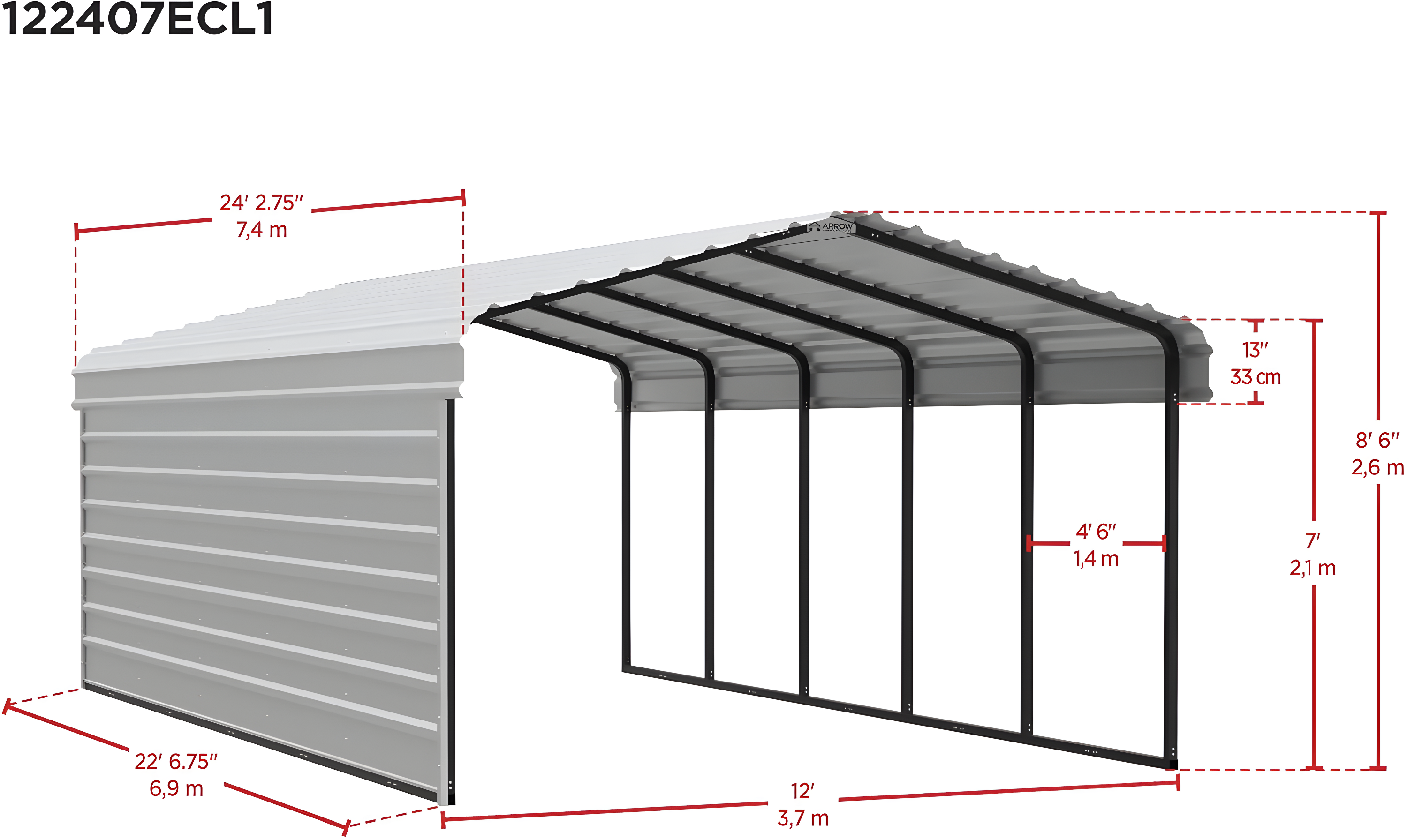 Arrow Arrow Steel Carport with 1 Side Wall Kit, 12X24X07