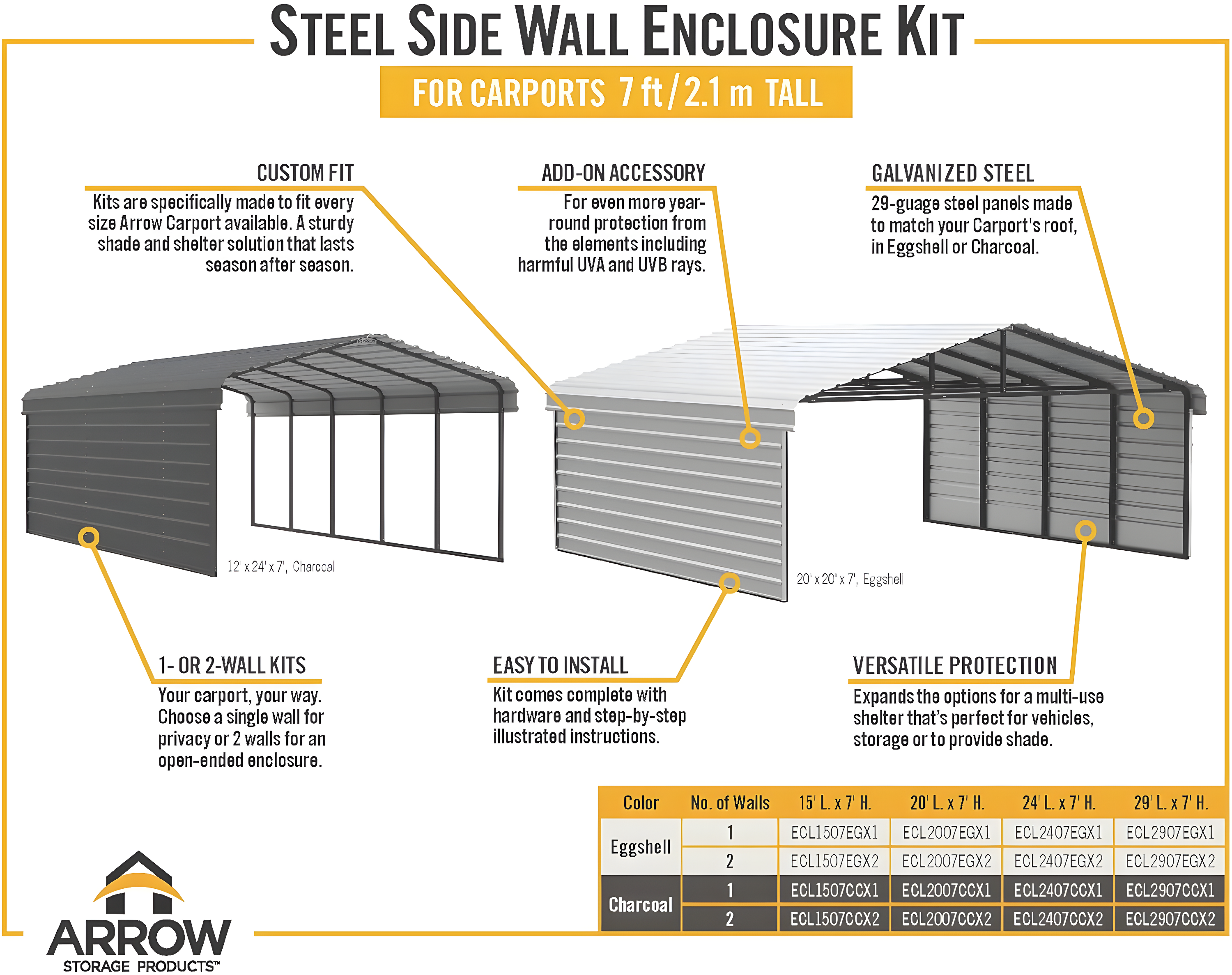 Arrow Arrow Steel Carport with 1 Side Wall Kit, 12X24X07