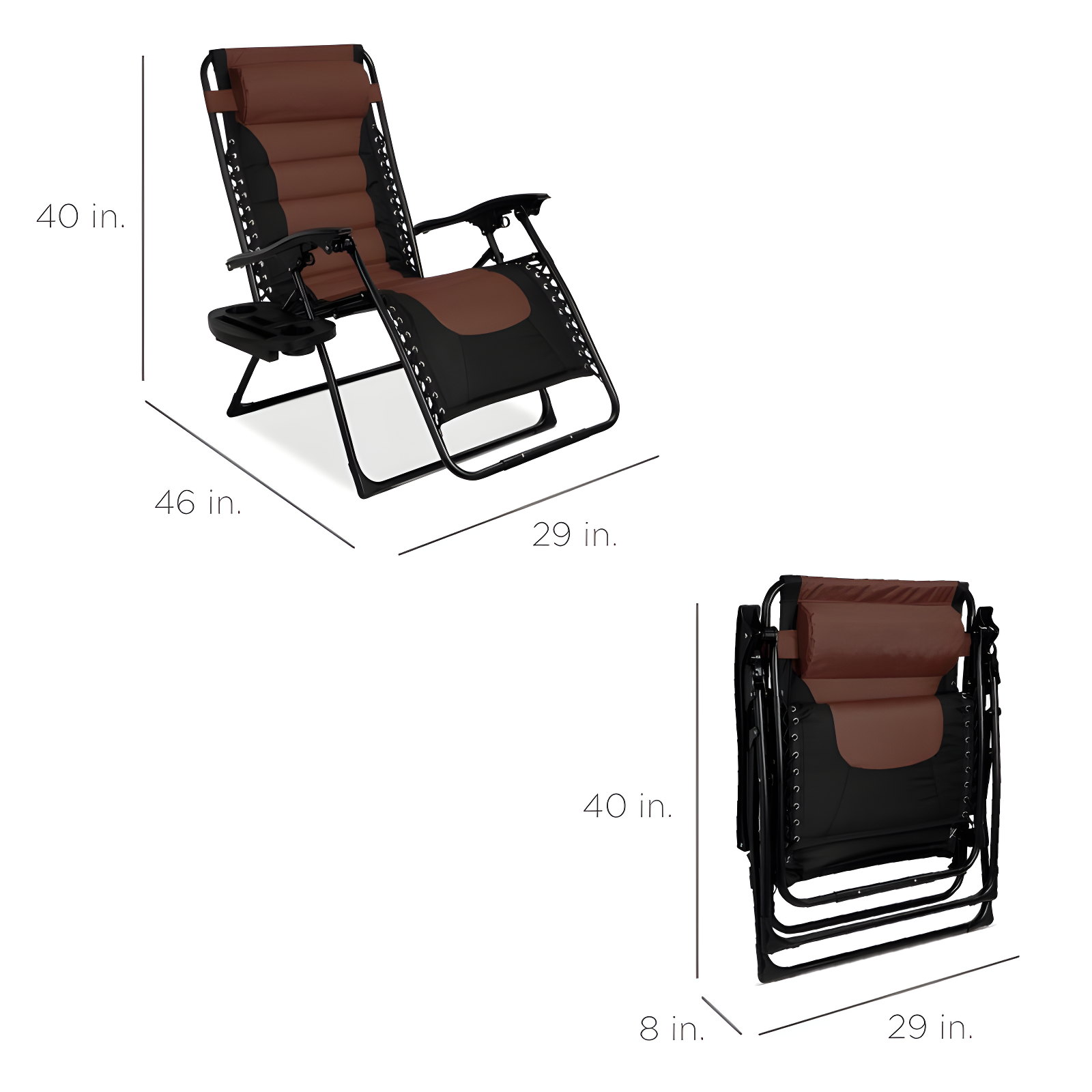 Best Choice Products Oversized Padded Zero Gravity Chair, Folding Outdoor Patio Recliner w/ Side Tray - Black/Brown