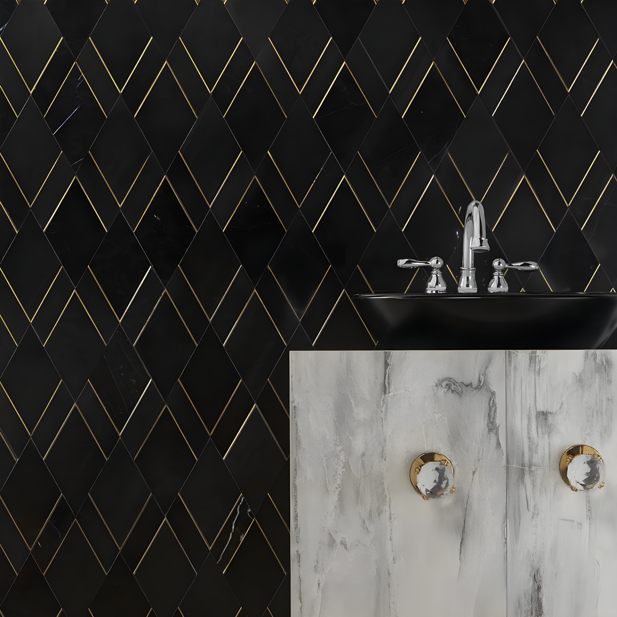Mehko 11.81 in. x 14.96 in. Polished Marble and Brass Wall Tile