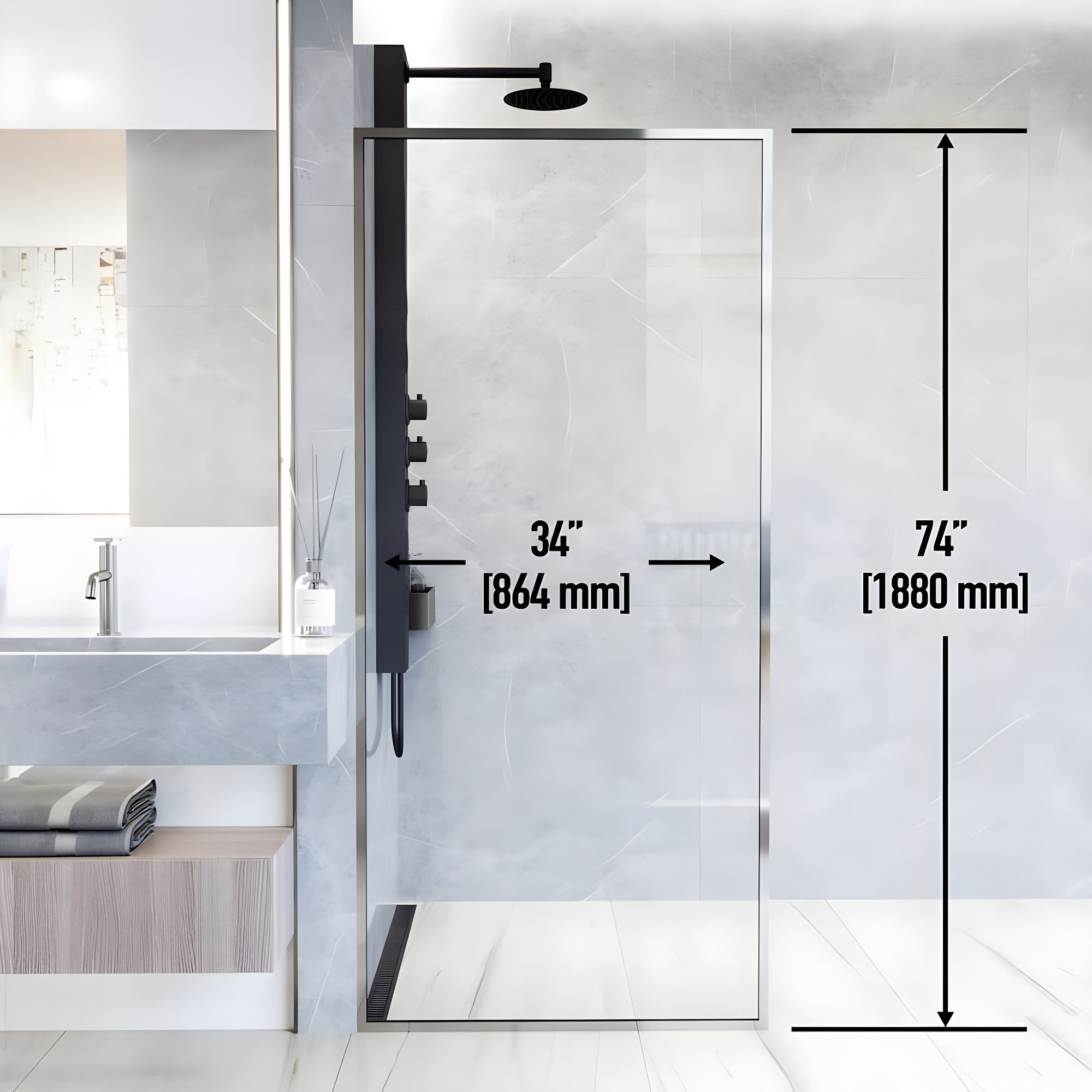 Meridian 34" W x 74" H Fixed Framed Shower Screen with 3/8" Glass
