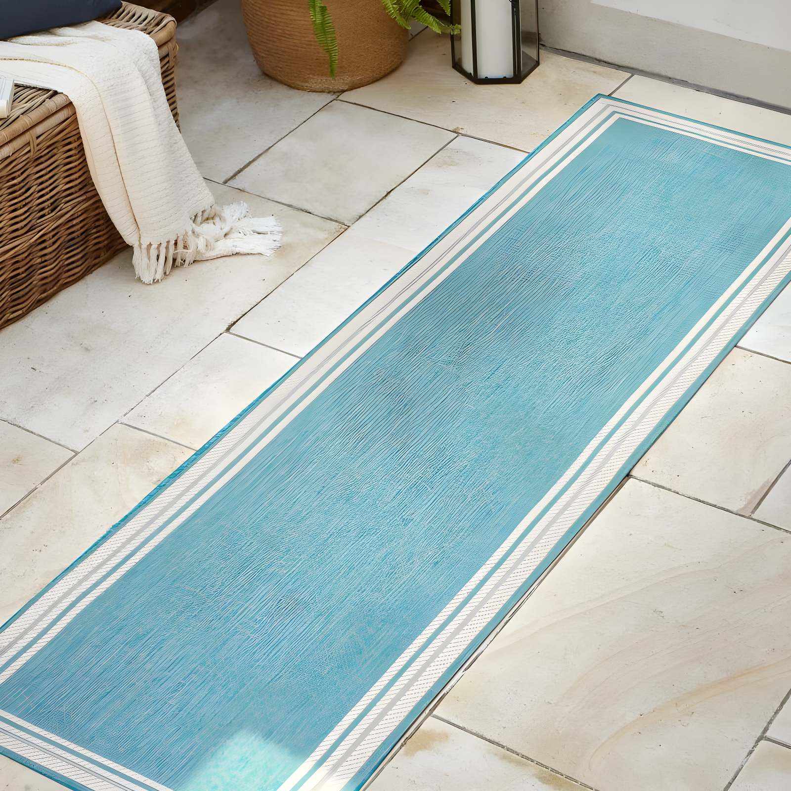 2' x 8' James Modern Border Stripe Indoor/Outdoor Runner Rug, Aqua/Beige - JONATHAN Y